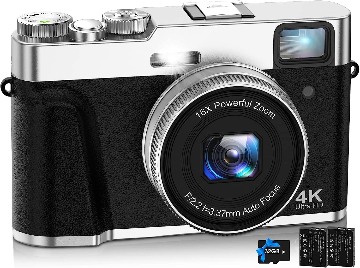 NEZINI 4K 디지털 카메라 오토 포커스 디지털 카메라 4800만 화소 Vlog 카메라 손떨림 보정 광학 파인더 모드 다이얼 16배 줌 LED 라이트 디지털 일안 리플렉스 컴팩트 핫슈 외부 마이크/플래시 대응 가능 32GB카
