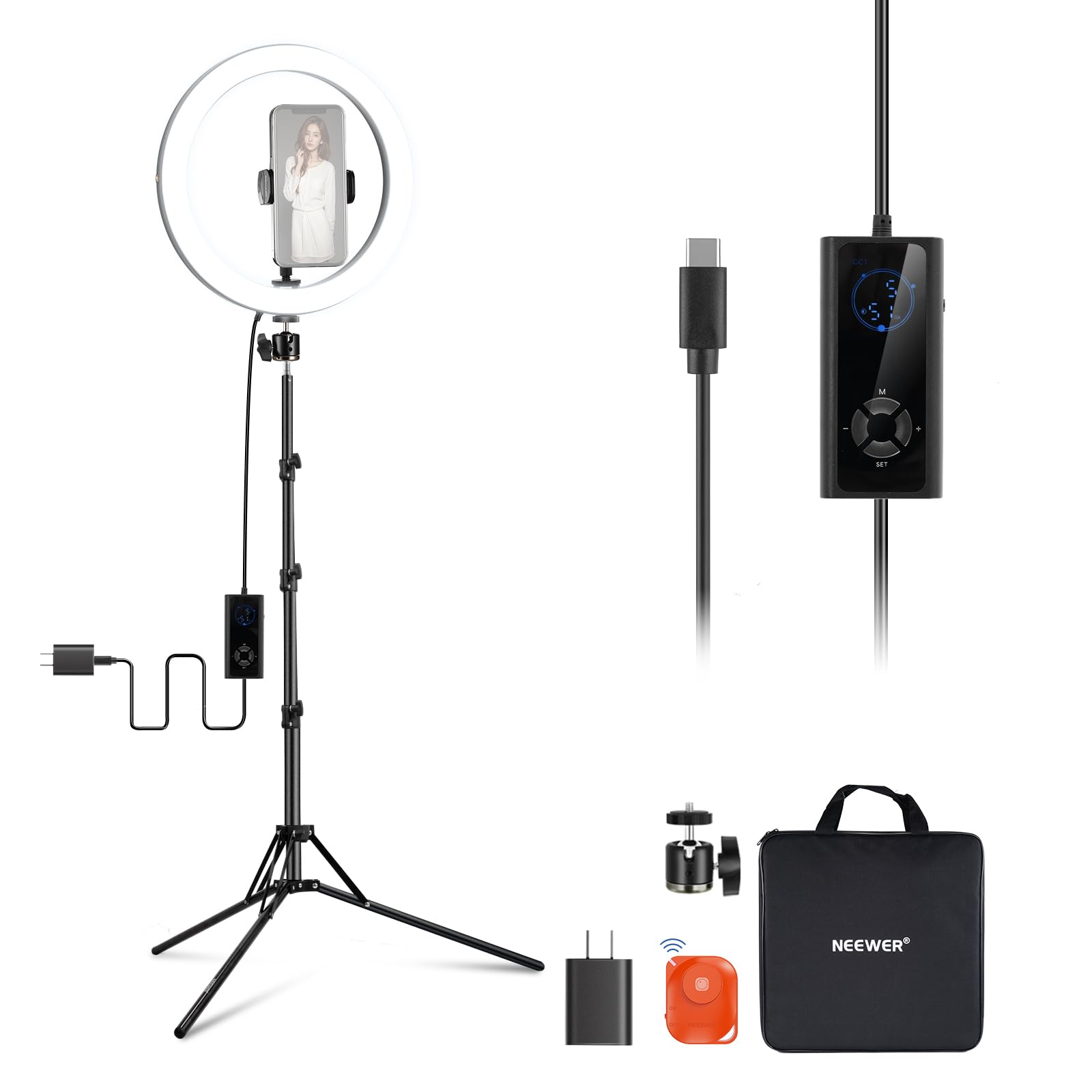 NEEWER 12インチ LEDリングライト スマホ用 24W 高出力 撮影用ライト 180cm三脚スタンドとスマホホルダー付属 バイカラー 2900K-7000K 調光可能 CRI97+ 1810lux/0.5m 12シーン効果 女優ライト 自撮り/メイ