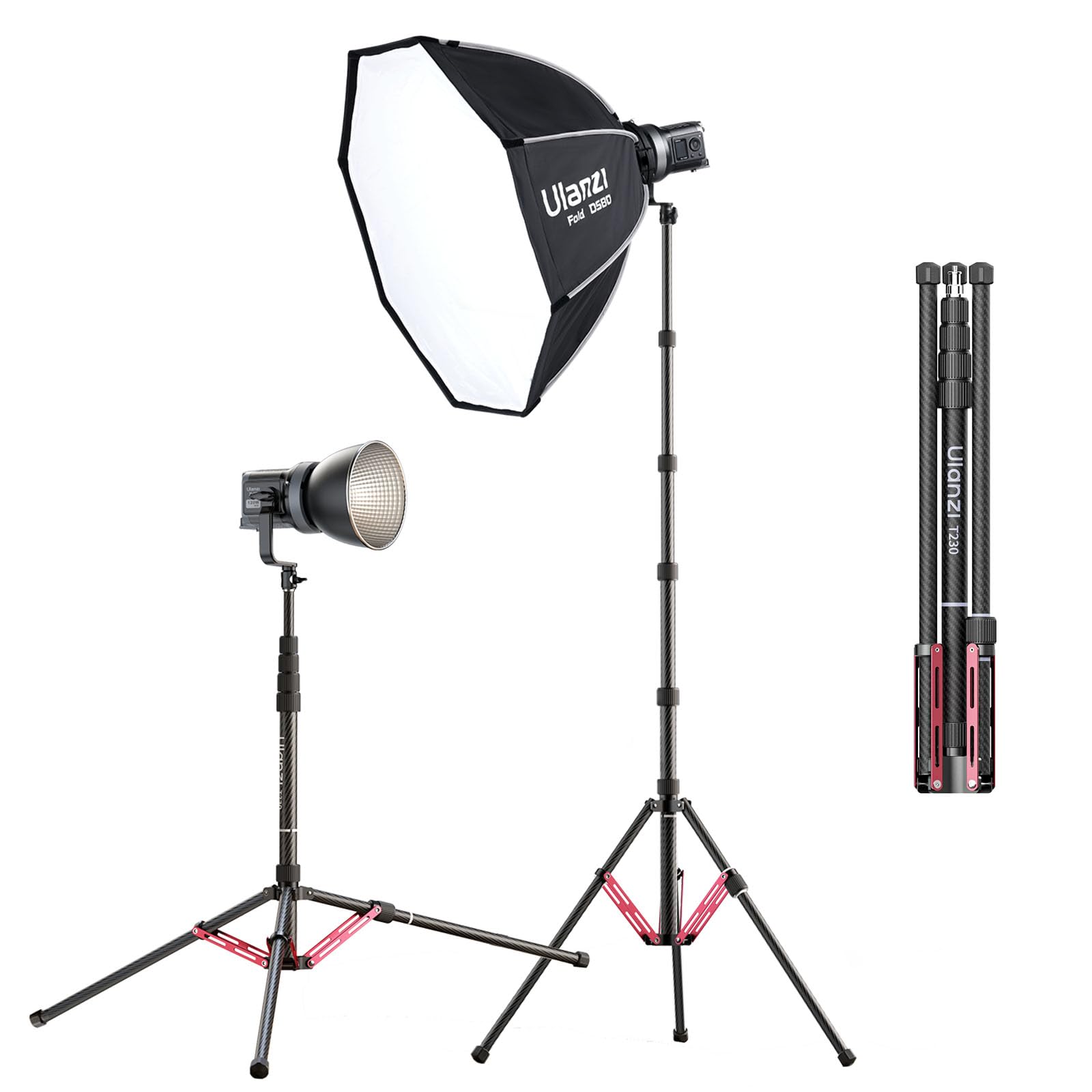 Ulanzi T230 撮影用 ライトスタンド 撮影スタンド 230cm カーボンファイバー製 軽量 耐荷重5KG 逆向き折り畳み 収納57cm 収納バッグ付き 5段伸縮 1/4ネジ搭載 持ち運び便利 スタジオ照明 ストロボスタンド ソフトボックス Cob