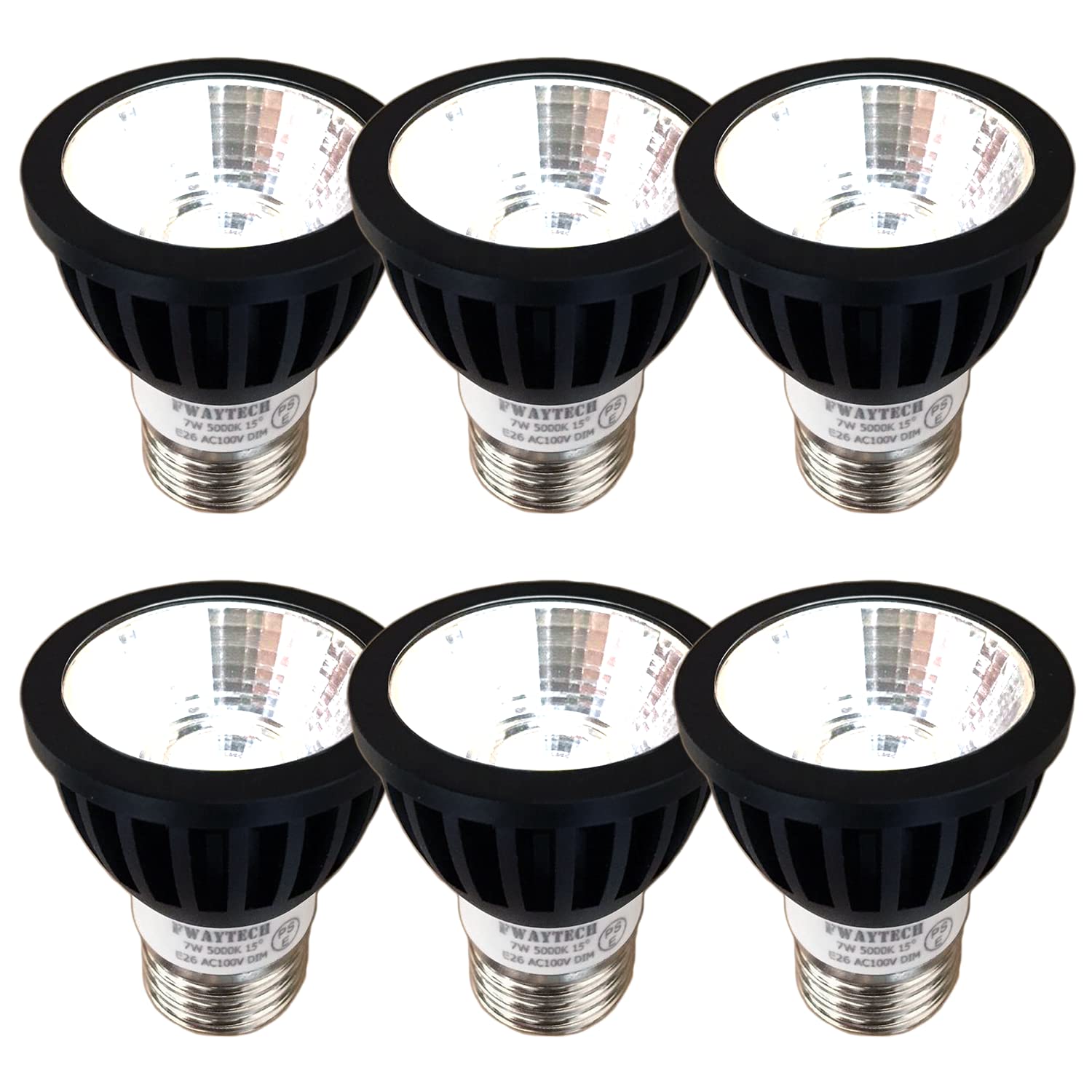 Fwaytech ledスポット e26 ブラック 調光器対応 7W LEDハロゲン電球60W?75W相当 ダクトレールLEDスポットライト 密閉器具対応 6個セット (昼白色相当(5000K), 本体黒 (狭角15度) E26口金 調光対応)