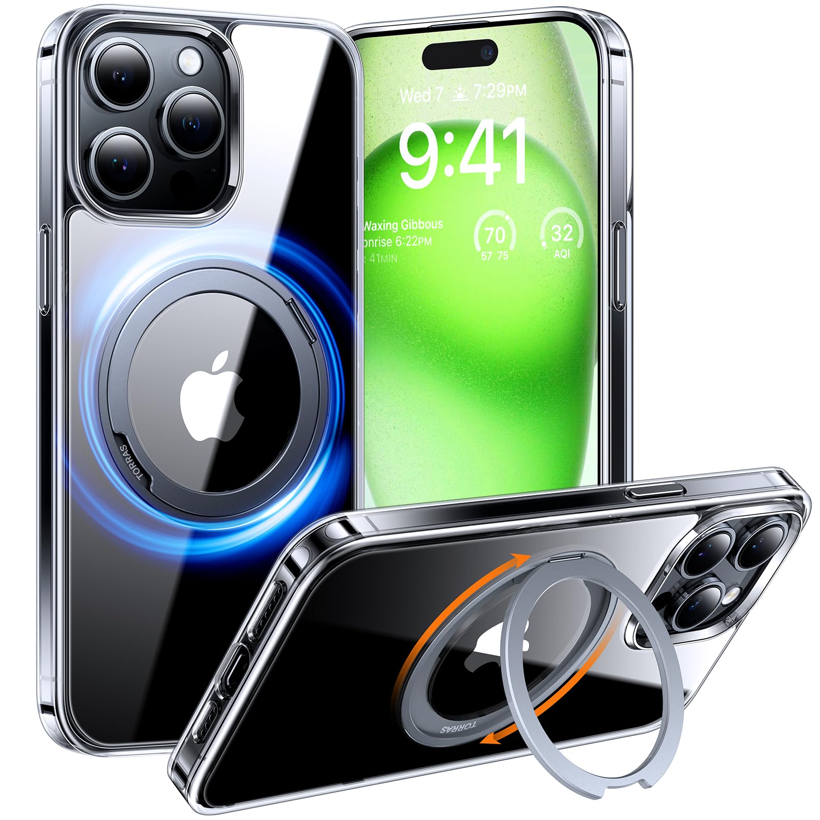 【透明永続の魅力、色褪せぬ美しさ】TORRAS iPhone 15 Pro Max 用 ケース「360度回転できるスタント」縦横両対応 Halbachマグネット搭載 MagSafe対応 米軍MIL規格耐衝撃 リング 指紋防止 いphone15pro max