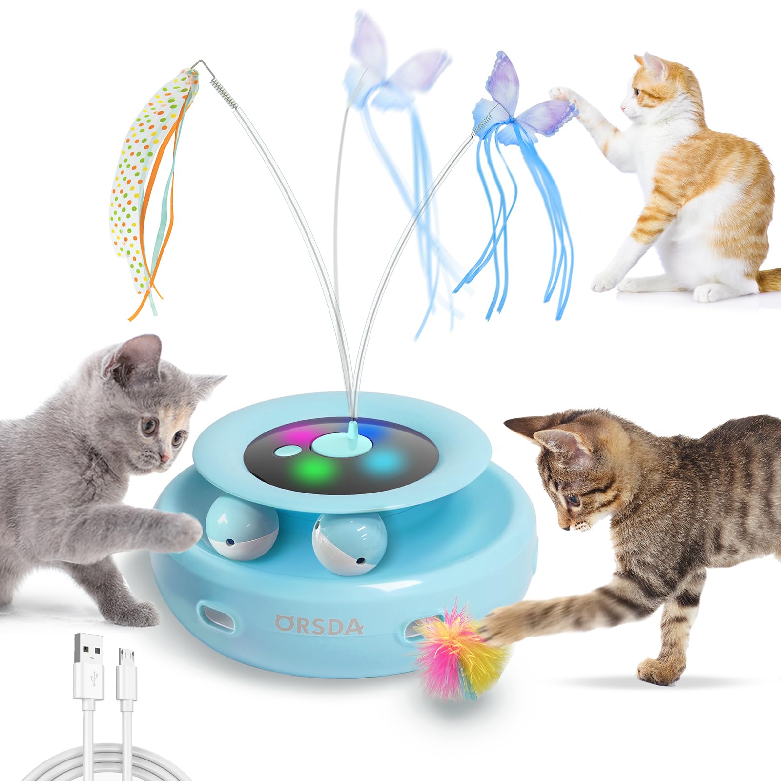 猫おもちゃ 電動 ORSDA 猫じゃらし 自動 猫ボール 3in1一体式 6本取り替え天然羽根付 2000mAh Type-C 充電式電源 手作りの蝶々一人遊び...