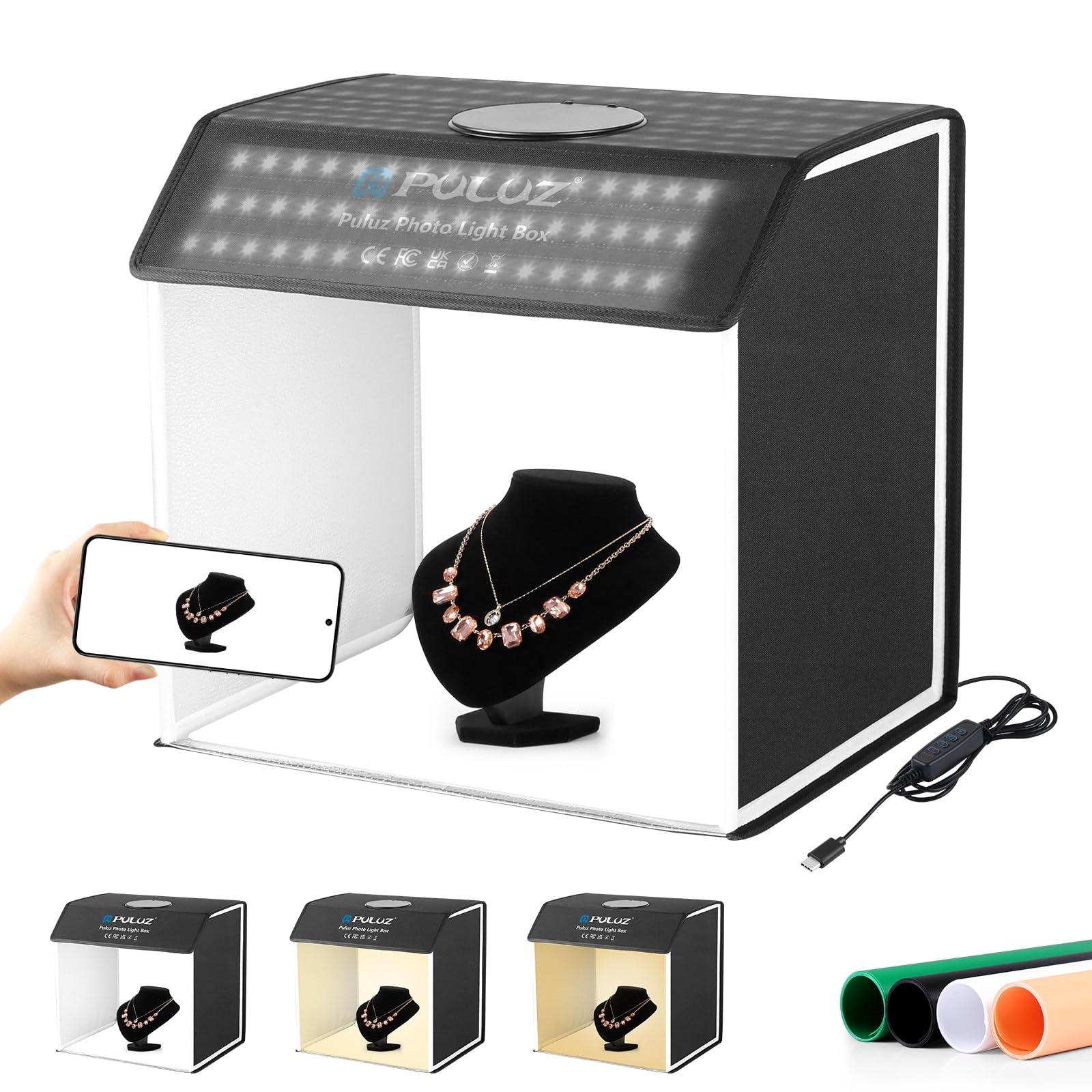 PULUZ 撮影ボックス 42×42×32cm 撮影ブース 折り畳み 物撮りセット 320個LEDビーズ／超高輝度／3色温度／無段階調光／4色PVC背景／ディフューザー付き 卓上写真撮影キット 物撮り用ボックス プラモデル 撮影ブース 携帯便利 組立簡単