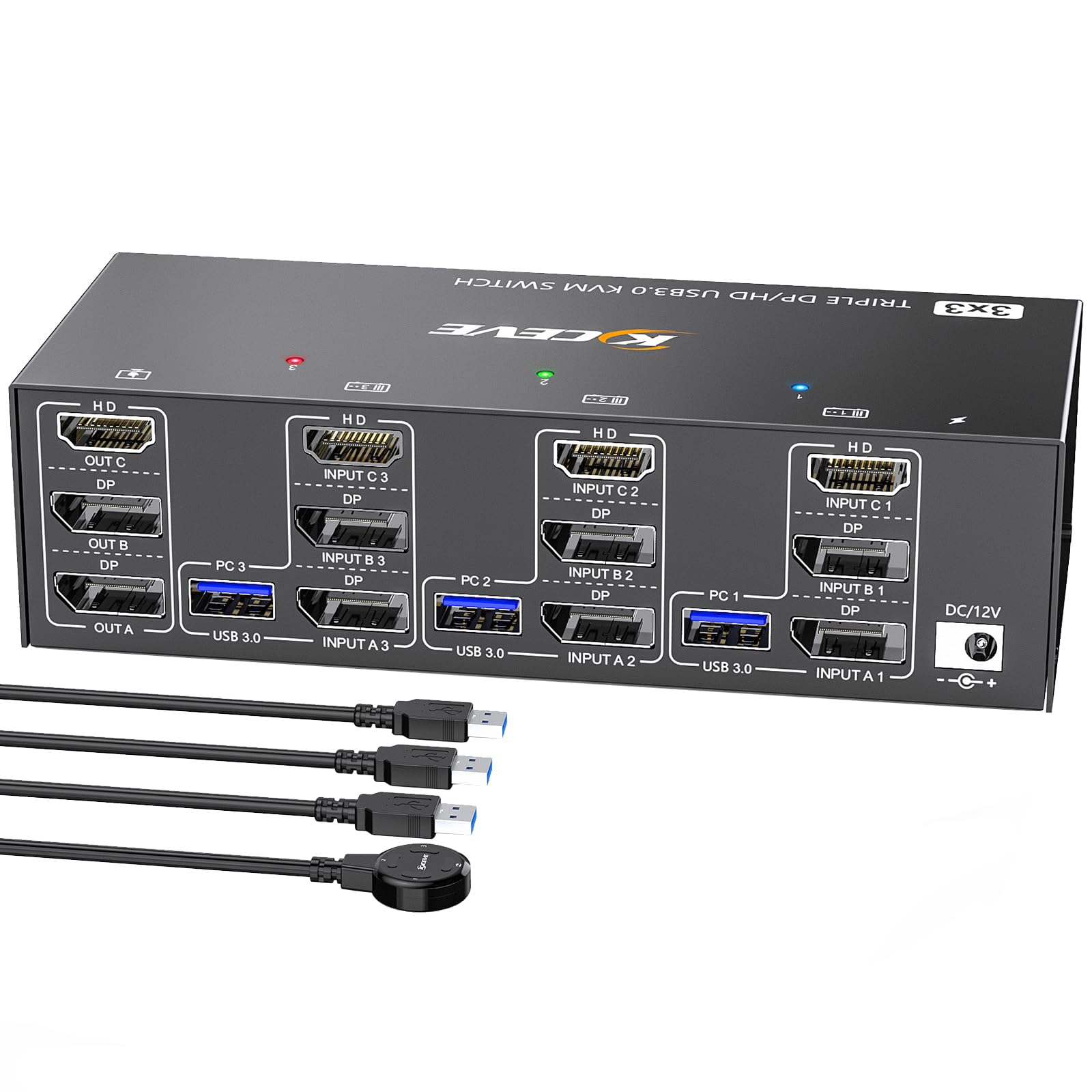 2 Displayport + HDMI USB 3.0 KVMスイッチ 3モニター 3コンピューター、8K@60Hz、4K@144Hz トリプルモニターKVM、4 USB 3.0ポート、KVMトリプルモニターキーボードマウススイッチャー、KVMケーブル付