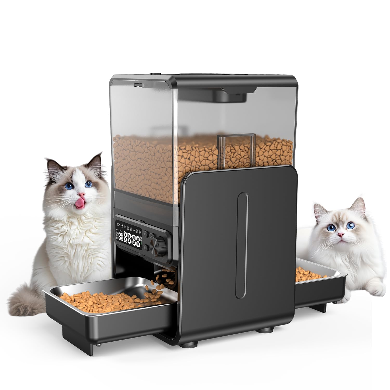 VIGORVAN 自動給餌器 猫 2匹 多頭飼い 取り外し可能なコントロールパネル付き 2WAY電源 猫 中小型犬用 5L大容量 分解と清掃が簡単 高さ調節可能 音声録音 ペットフィーダー 蓋ロック機能 定時定量 1日6食 日本語説明書付き ブラック