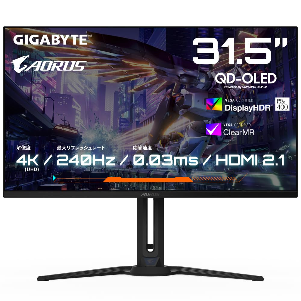 GIGABYTE AORUS ゲーミングモニター 31.5インチ 3840x2160 4K 有機EL OLED 240Hz 0.03ms DCI-P3 99% FreeSync Premium Pro DisplayHDR True Black 400 ス