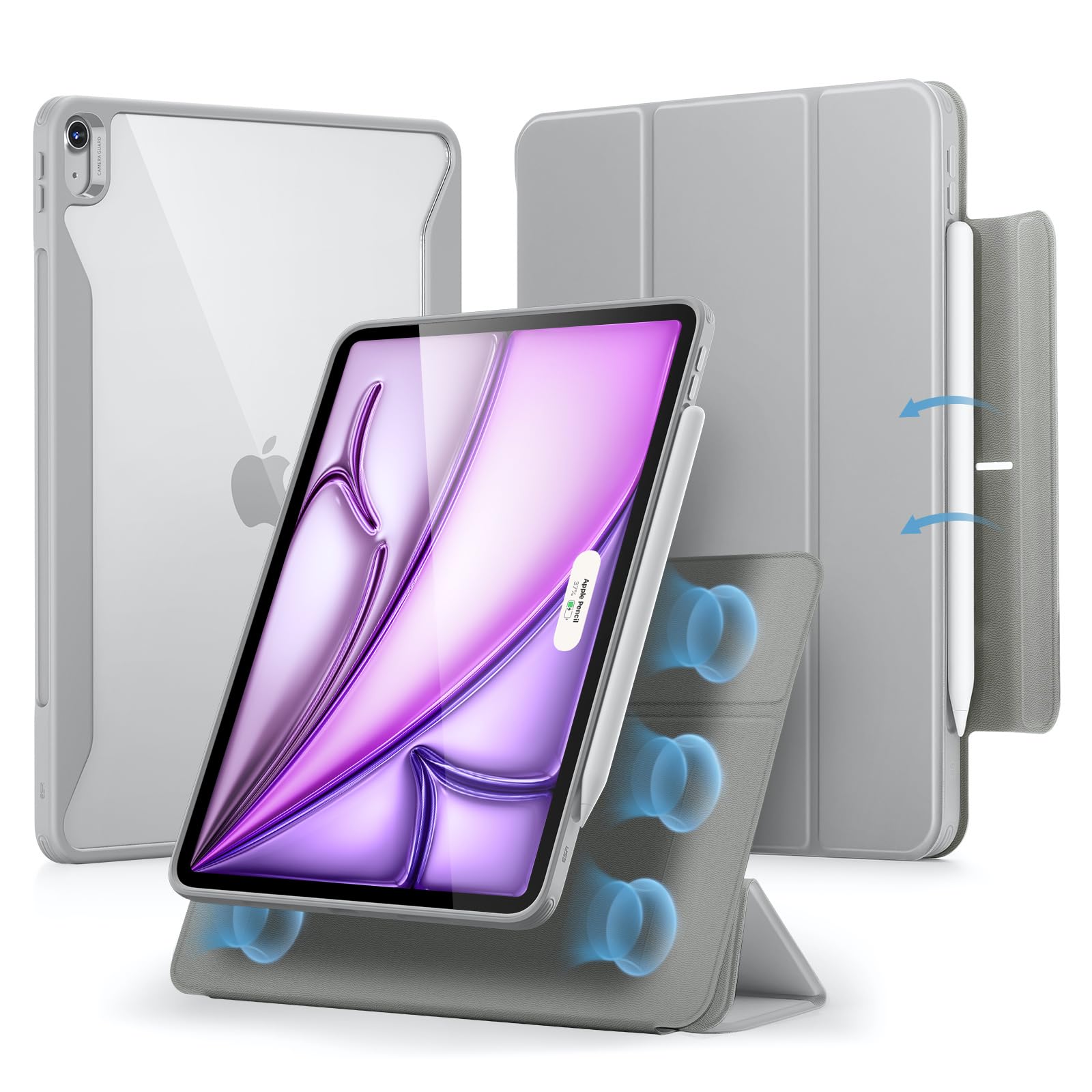 ESR iPad Air 13インチ ケース (2025/2024、M3/M2) 専用 Pencilホルダー付き 取り外し可能マグネットカバー 縦置き/横置きスタンド Pencil Pro/USB-C完全対応 Rebound 360シリーズ グレー
