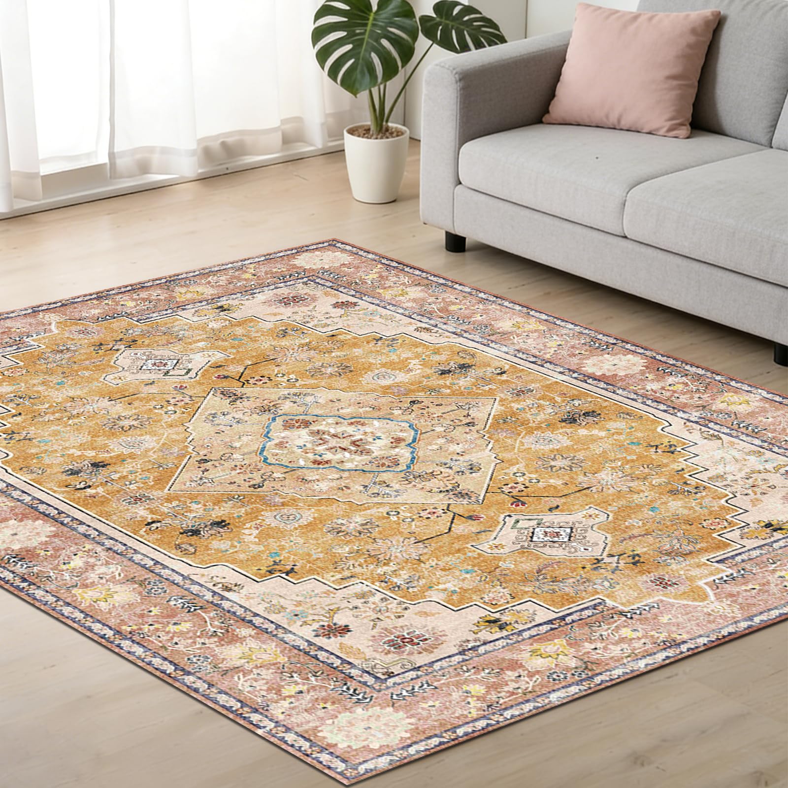 樂天商城 - HiChiclife ラグ ペルシャ風 120x160cm 約1.5畳 滑り止め ホットカーペット対応 耐磨耗性 絨毯 洗える ラグマット オールシーズン 室内 軽量 防音 花柄 リビング カーペット 北欧（イエロー）