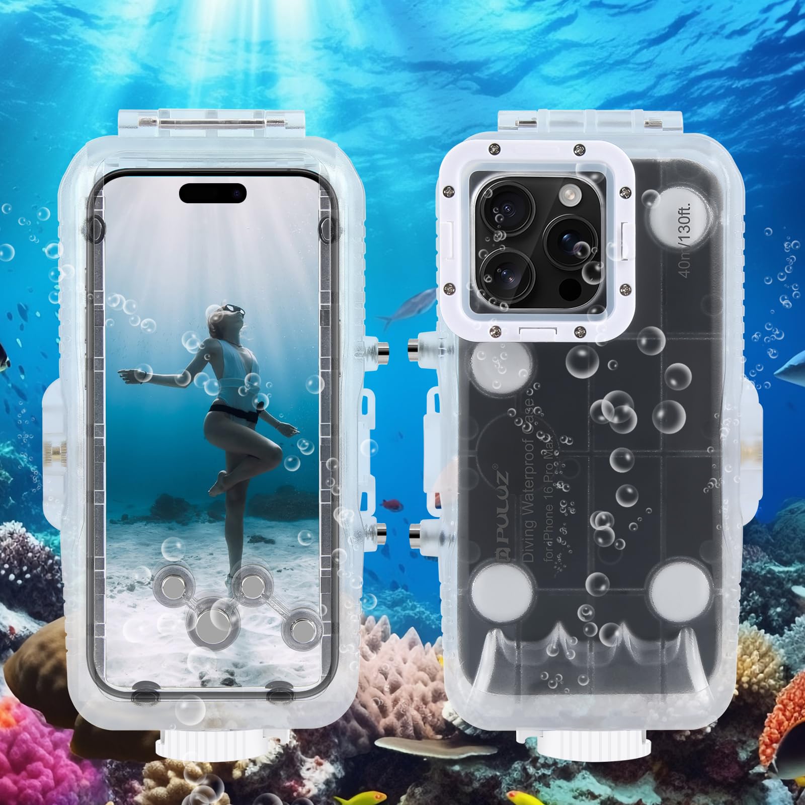 樂天商城 - PULUZ iPhone 16 Pro Max 用防水ケース 40m/130ft IPX8潜水ケース16 Pro Max用強化ガラス+PC+ABS素材 360度全面保護 耐衝撃 防塵 携帯電話水中ハウジングカバー 水中撮影/ダイビング/サーフィン/シュノー