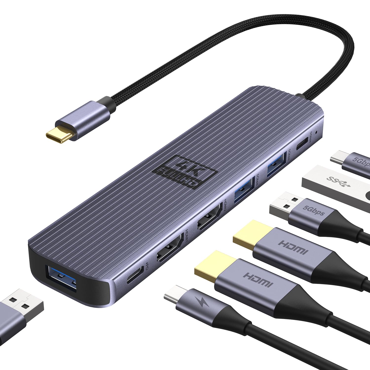 USB-C ハブ HDMI×2 4K/60Hz 7-in-1 Type-C ハブ ドッキングステーション HDMI変換 デュアルモニター 2画面出力 USB3.0×3 USBポート増設 type c データ伝送 PD100W 急速充電 マルチディスプレイ
