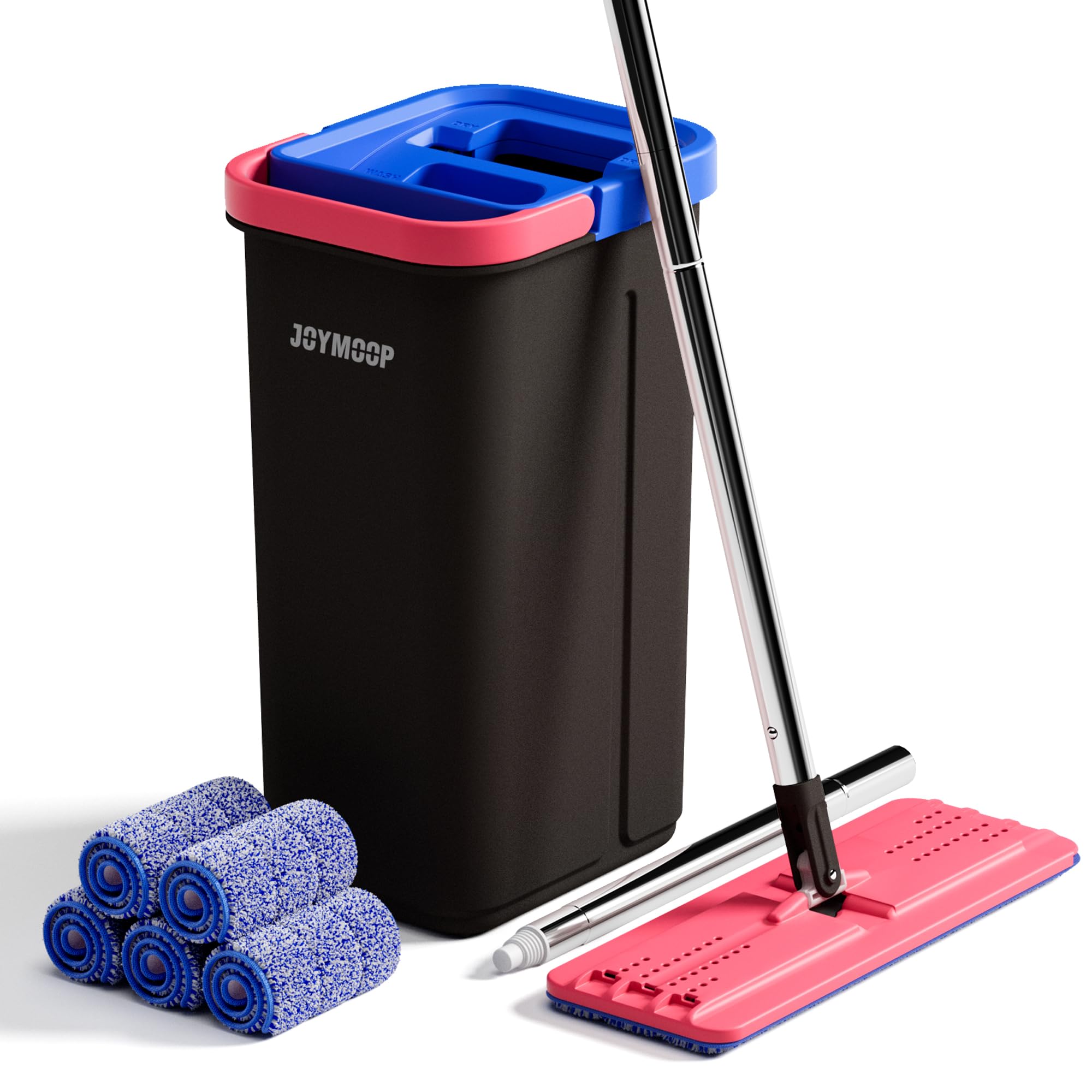 樂天商城 - JOYMOOP モップとバケツセット 家庭用 ハンズフリーセルフクリーニングシステム 再利用可能なマイクロファイバーモップパッド5枚付き 床掃除や壁クリーナーに適 - ブラック+レッド+スレートブルー