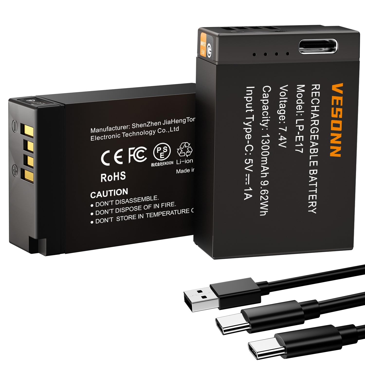 Vesonn LP-E17 互換 バッテリー Type-C 直接充電 1300mAh互換バッテリー*2 対応機種 EOS R50,R10,RP,Kiss X9i,X10,Rebel T6i,T7i,EOS M3,M5,M6,M6 Mark II,Rebel