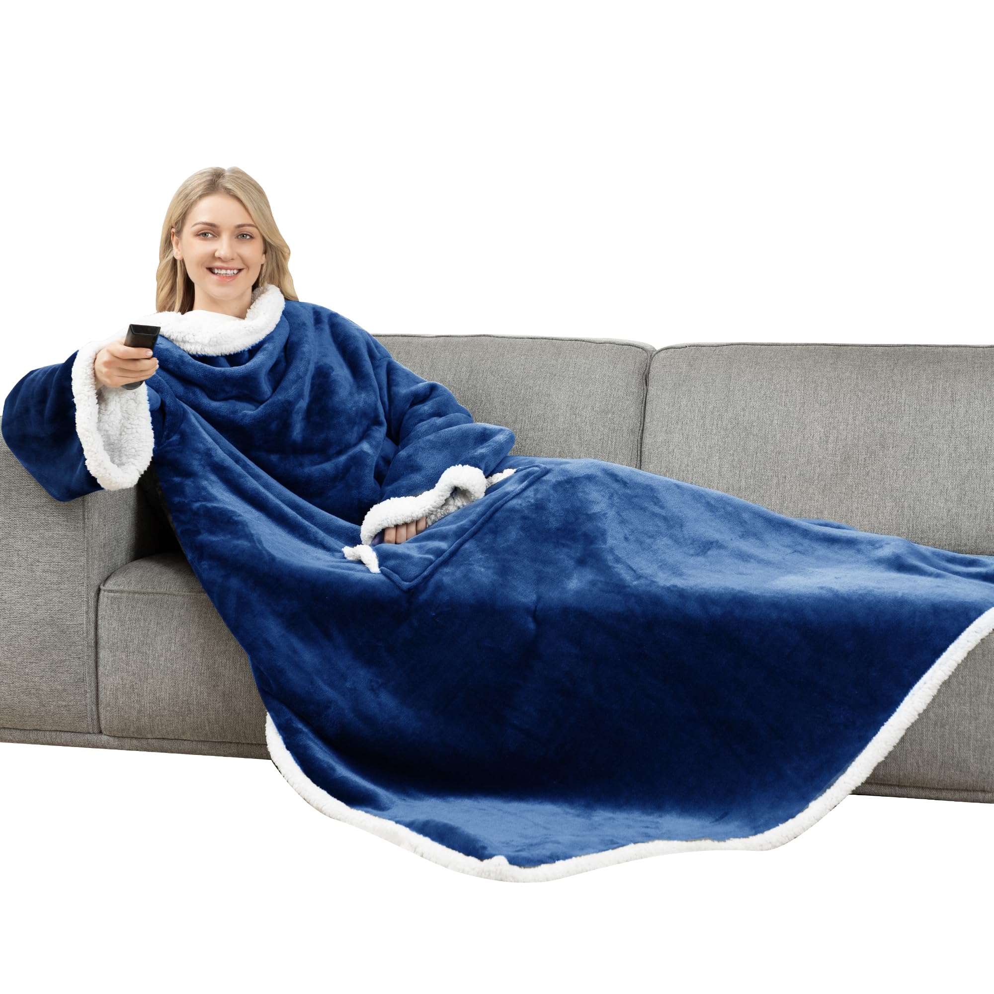 [Winthome] 袖付き毛布 裏ボア 極暖 着るブランケット 大人用 厚手 メンズ レディース 大きいサイズ 冬 防寒 ソファー オフィス リビング 暖かい 洗える ギフト対応 ポケット付き (ネイビー, 140×180CM)
