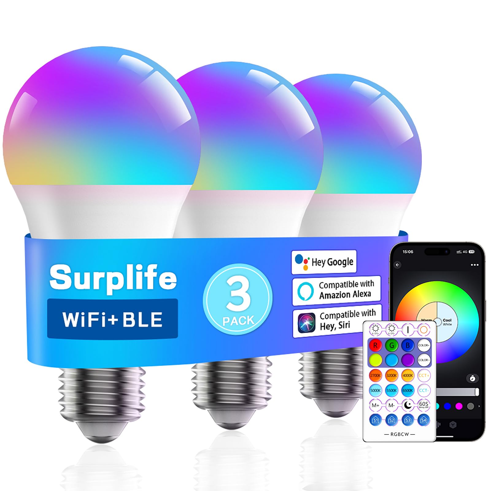 OKALUMI スマート電球 E26 LED電球 調光調色 9W 800lm超明るい スマートライト Alexa対応 電球 Google Home対応 電球色・昼白色・虹色対応 1600万色RGB 音楽同期 間接照明 クリスマス スマートでんきゅう 3個入