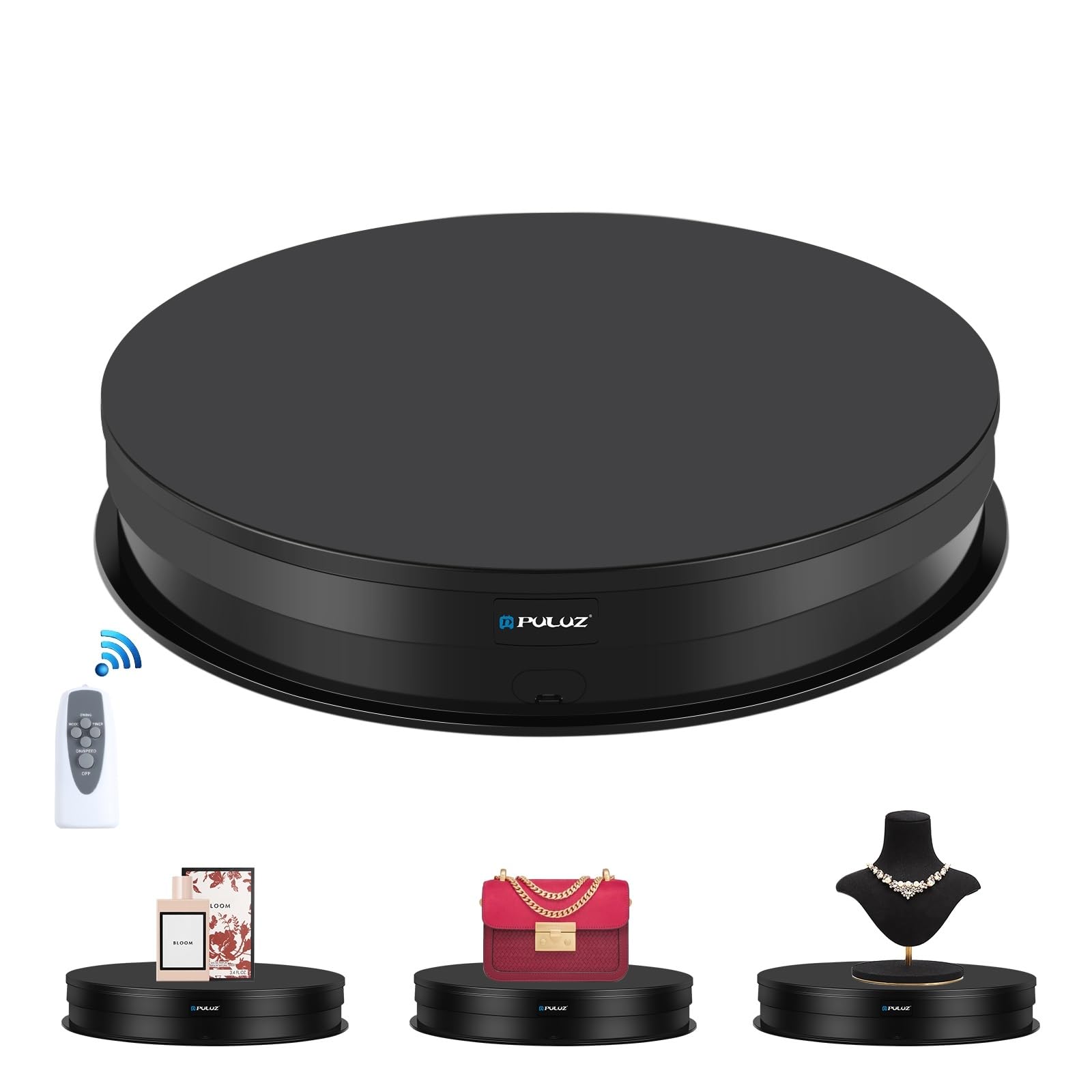 PULUZ 電動ターンテーブル 360°電動回転台 ターンテーブル 回転式ディスプレイスタンド 耐荷重15KG 直径28cm 電動展示台 リモコンが付き 速度と方向を調整可能 安定性・低騒音・省電力 アニメーション撮影用/静物写真/商品展示/ジュエリーディ