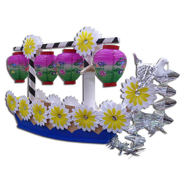 木製 精霊船 ミニサイズ 90cm 一人持ち 提灯 造花付き 組立式 初盆 精霊流し 新盆 彫刻戒名札進呈 軽い 可愛い