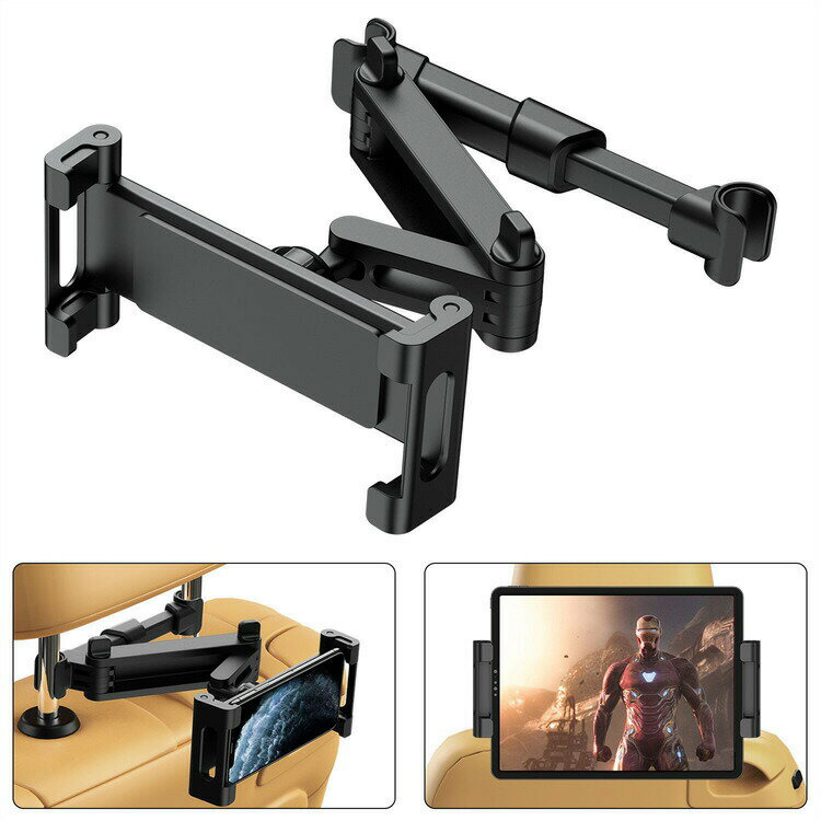 車載タブレットホルダー 伸縮式アームスタンド 車 タブレット車載ホルダー スマホ ヘッドレストシャフト取付可能範囲約12cm～15cm 後部座席用 折り畳み式 360度回転 自由調節 充電可能ホール付 簡単取付 転落防止 防振 タブレット&スマホ兼用 4.7～12.9インチ全機種対応のサムネイル