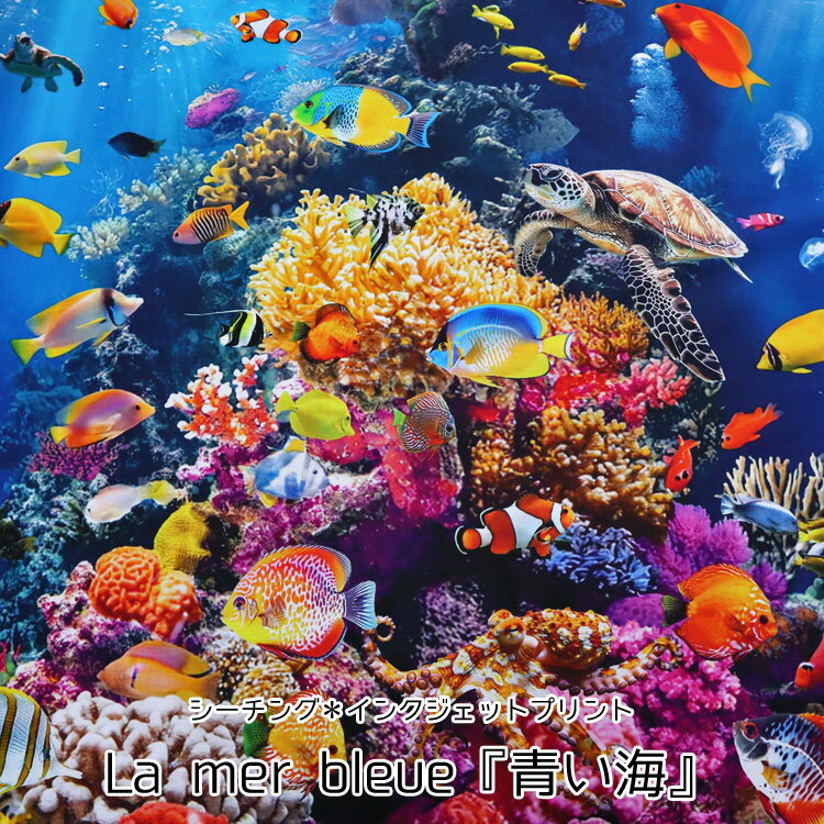 Fabric, Cloths - ◆◆La mer bleue『青い海』≪シーチング＊インクジェットプリント≫※108cm幅　コットン100％｜海 魚 タコ カメ サメ 生き物 リアルプリント 生地 布｜