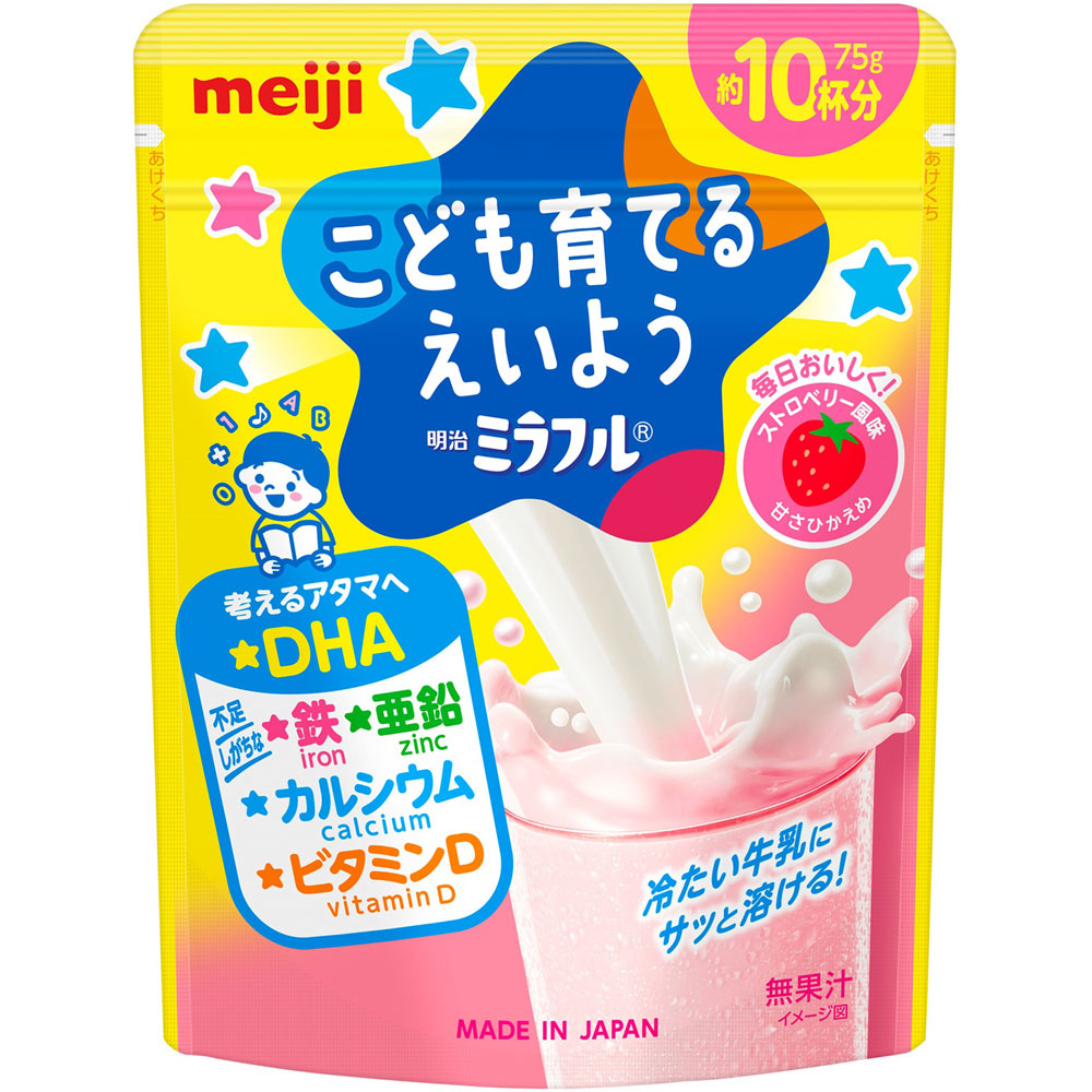 ※写真はイメージです。実際にお届けする商品とパッケージなどが異なる場合がございます。商品の特徴・すっきりした甘さの、牛乳に溶かして飲む、おいしい粉末飲料・こどもに人気のストロベリー風味・幼児期の成長に重要な4つの栄養素鉄・亜鉛・カルシウム・ビタミンDを配合（1杯で1日の不足分の1／2の鉄・亜鉛・カルシウムと不足しがちなビタミンD）※牛乳150mlに本品7．5gを溶かした場合・これからたくさんのことを学ぶ、幼児期のアタマにとても大切なDHAを配合・チャック付きパウチ袋で衛生的に保存できる・甘さ控えめ。甘味料無添加原料・成分等【原材料】砂糖（国内製造）、DHA含有精製魚油パウダー、たんぱく質濃縮ホエイパウダー、酵母／炭酸Ca、V．C、増粘剤（プルラン）、カゼインNa、香料、クチナシ色素、ピロリン酸第二鉄、V．D、（一部に乳成分を含む）【栄養成分表示】1食（7．5g）あたりエネルギー30kcal、たんぱく質0．06g、脂質0．13g、炭水化物7．1g、食塩相当量0．013g、亜鉛0．2mg、カルシウム70mg、鉄1．75mg、ビタミンC25mg、ビタミンD1．24μg、DHA18mg用法及び用量【召し上がり方】冷たい牛乳150mlに大さじすりきり1杯（約7．5g）を溶かしてお飲みください。保存方法・消費期限パッケージに記載製造国日本お問合せ先（製造販売元）株式会社明治〒104－0031東京都中央区京橋2－4－16お客様相談センター0120－598－369 広告文責・販売業者株式会社マツモトキヨシ／お問い合わせ先：0120-845-533
