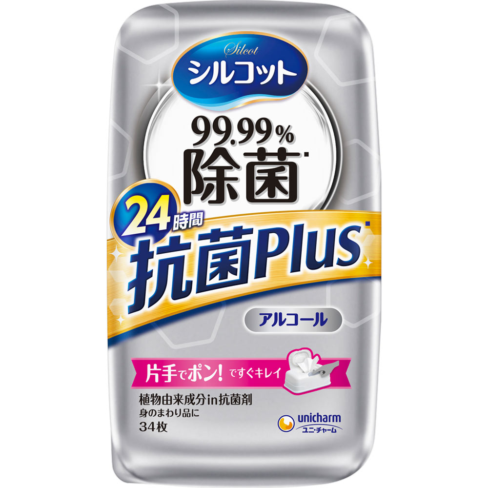 ユニ・チャーム シルコット 99．99％除菌 抗菌プラス ウェットティッシュ アルコールタイプ 本体 34枚のサムネイル