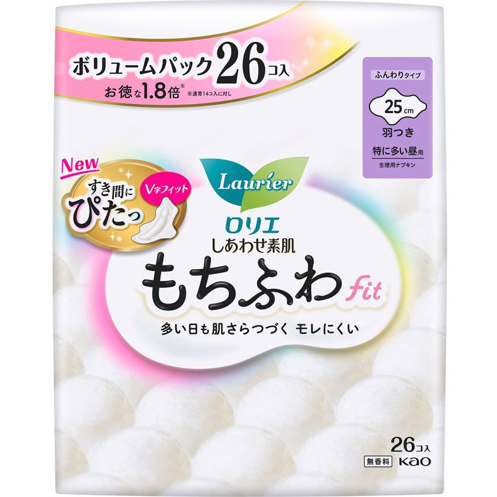 花王 ロリエ　しあわせ素肌　もちふわfit　特に多い昼用25cm　羽つき 26コ （医薬部外品）
