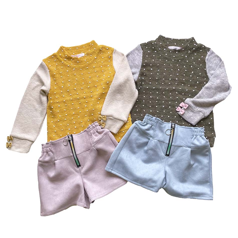 HeartShape 長袖 ニットソー 切り替え トップス ドット 水玉 女の子 子供服 小学生 通学 女子 女児 ガールズ キッズ カーキ カラシ 110 120 130 hs86005 ハートシェープ 【ネコポス便同梱不可商品】