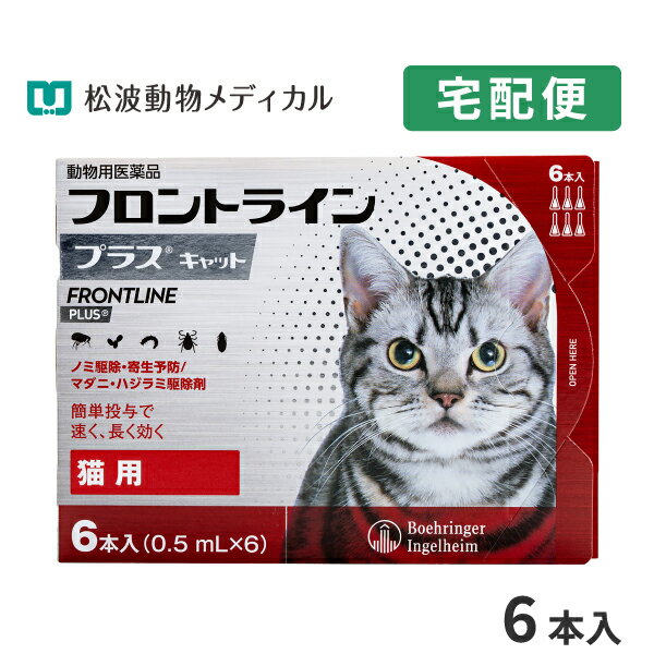 リニューアルに伴い、予告なくパッケージや内容等変更する場合がございます。予めご了承ください。※使用期限：2025/10/31目安（05月現在）※ご注文のタイミングにより、お届けする商品の期限が前後する場合がございます。 送料無料の2箱セットはこちら&gt;&gt;JANコード：4987743500393 承認指令書番号：17消安第5559号◎返品についてはこちら&gt;&gt; ＜注意事項＞ 1.動物用医薬品については、ご利用上安全確保の観点から1回のご注文数量を設定しています。設定された個数以上のご注文はお断りさせていただく場合がございます。予めご了承ください。なお、設定個数以上、複数回に分けてのご注文、1回のご配送につき30万円を超えるご注文の場合、メールまたはお電話で、弊社より使用目的をご確認させていただく場合がございます。 2.必ず製品に入っている添付文書をよく読み用法用量を守って正しくご使用ください。製品に関する情報は、随時更新するように努めておりますが、実際の添付文書の記載とは異なっている場合もございます。 3.予告なく成分・パッケージが変更になることがございます。 【商品説明】 フロントライン プラスは、従来のフロントライン同様に、ペットに寄生した成ノミやマダニを速やかに駆除。 加えて、新配合の（S）-メトプレンがノミの卵の孵化・発育まで阻止するダブルの効果で、寄生中のノミだけでなく、その繁殖・再寄生を予防します。 また、猫のハジラミを駆除する効果も確認されています。 ■使用方法：8週齢以上の猫の肩甲骨間背部の被毛を分け、皮膚上の1部位にピペット全量を滴下する。 ■使用上の注意：一般的注意 （1）本剤は効能・効果において定められた目的にのみ使用すること。 （2）本剤は定められた用法・用量を厳守すること。 （3）本剤は獣医師の指導の下で使用すること。 （4）猫以外の動物には使用しないこと。特にウサギには使用しないこと。 猫に対する注意 1.制限事項 （1）衰弱、高齢、妊娠中あるいは授乳中の猫には、慎重に投与すること。 （2）本剤使用後2日間は、水浴あるいはシャンプーを控えることが望ましい。 2.副作用 （1）もし、動物が舐めた場合、溶媒の性状のため一過性の流涎が観察されることがある。そのため、滴下部位を他の動物が舐めないように注意すること。（2）まれに、他の外用殺虫剤と同様に本剤の使用後、個体差による一過性の過敏症（投与部位の刺激によるそう痒、発赤、脱毛）が起こることがある。もし、症状が持続または悪化する場合は、直ちに獣医師に相談すること。 ■保管上の注意：（1）小児の手の届かないところに保管すること。（2）直射日光を避け、なるべく湿気の少ない涼しいところに保管すること。 成分および分量1ml中フィプロニル　　100.0mg(S)-メトプレン　　120.0mg 効能または効果ノミ、マダニおよびハジラミの駆除ノミ卵の孵化阻害およびノミ幼虫の変態阻害によるノミ寄生予防 用法及び用量8週齢以上の猫の肩甲骨間背部の被毛を分け、皮膚上の1部位にピペット全量を滴下する。●ご使用の際は、用法・用量を守り、使用上の注意をよく読んで正しくお使い下さい。 広告文責 松波動物メディカル通信販売部 050-3816-6672 メーカー・販売元 販売元：日本全薬株式会社 輸入元：ベーリンガーインゲルハイム アニマルヘルスジャパン株式会社 区分 原産国：フランス 商品区分 動物用医薬品