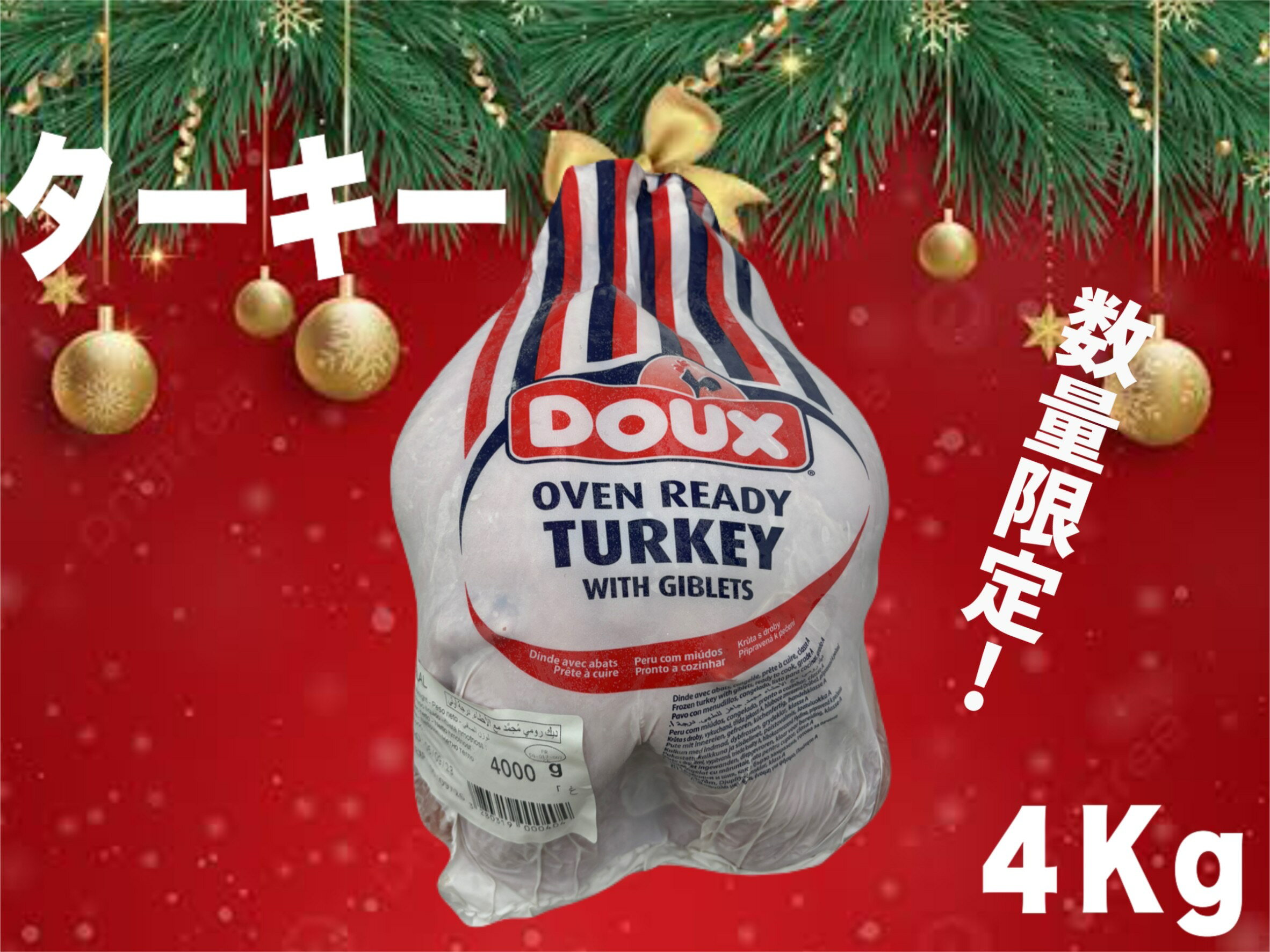 ターキー　七面鳥　数量限定　メガ盛り　4kg　フランス産　クリスマス　ギフト　贈り物　プレゼント　冷凍品　（送料別）の商品画像