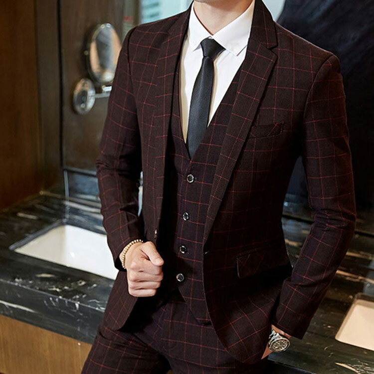 大きいサイズ スリムスーツ 3ピース パーティー チェック柄 セットアップ フォーマル メンズスーツ 通勤 3点セット 3点セット カジュアルスーツ メンズ ビジネススーツ 細身 スタイリッシュ おしゃれ オシャレ 全3色×7サイズ！スリーピーススーツ