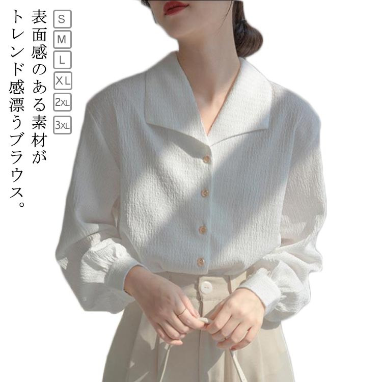 大きいサイズ ブラウス ブラウス オールシーズン ボリューム袖 長袖シャツ バルーン袖 バルーンスリーブ ゆったり 開襟シャツ トップス フォーマル 無地 体型カバー 表面感 上品 大人可愛い きれいめ オフィス カジュアル レディース 通勤 春 夏 秋 秋服 シャツのサムネイル
