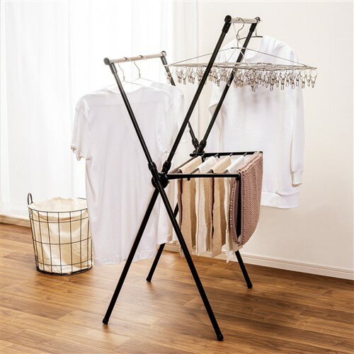 ヤマダオリジナル X型室内物干し 木目 黒