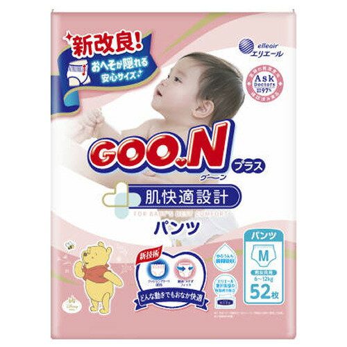 ※画像はイメージです。パッケージデザイン等は予告なしに変更されることがあります。※メーカーの欠品や製造中止により納期遅延、またはお届けできない場合がございます。大王製紙 グーンプラス やわらかタッチ パンツ Mサイズ 52枚発売日：2024年10月21日●のびのび動ける「ふわふわのびーるウエスト」ふんわり感約2倍※でおなかまわりがふわふわやわらかく、お子様も快適に過ごせます。かるーく伸ばせるから、さっとはかせやすいです。※当社従来品との比較●おしりにやさしい「ぽこぽこクッションシート」ぽこぽことしたやわらかい肌触りで肌に触れる部分を最小限※1に。凹凸でゆるうんちも広げずキャッチするから、ゆるうんちの広がりが20％改善※2しました。※1 当社ベビー用紙おむつ内※2 当社従来品と比較して、軟便の液流れが20%改善●エリエール贅沢保湿と同じ保湿成分配合保湿ティシューのようななめらかさでこすれ負担を軽減しました。ギャザーの高さ約1.2倍UP※3！「足まわりすっぽりギャザー」たくさん動いてもズレずにすきまができにくいからモレ安心です。※3 当社従来品同サイズと比較●医師100名の99%が推奨グーンプラスは医師からも肌触りの良さや肌へのやさしさが高く認められ、産婦人科医・小児科医100名のうち99％の医師が勧めたいと評価しました。●ほかにも！やさしいこだわり「全面通気性シート」でおむつ内の湿気を追い出すからずっとムレ安心です。「おしっこお知らせライン」でおむつの替え時がわかりやすくなっています。最長12時間※4たっぷり吸収だから、朝までモレ安心です。※4 当社調べ(おしっこの量には個人差があります。お子様の状態をみて、適宜交換してください。)●取りかえらくらくサイドステッチ交換の時にはサイドステッチをやぶれば手を汚さずカンタンに取りかえられます。●便利でカンタン後処理テープ使用後は小さく丸めてテープで止めるだけ、衛生的に処理できます。