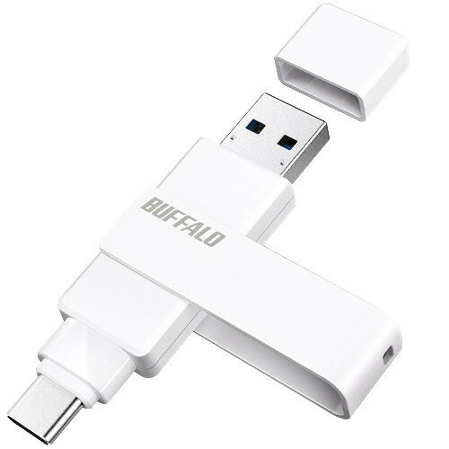 BUFFALO RUF3ACR64GWH USB 3.2(Gen1) Type-C／Type-A両対応 回転式USBメモリー 64GB Win・Mac・スマホ対応 ホワイト発売日：2025年8月下旬●USB Type-C / Type-A 両対応、スマホ・PCどっちでも使える本商品はUSB Type-C / Type-A両方の端子を備えているため、さまざまな機器に直接つなぐことができるUSBメモリーです。これひとつで、スマートフォン/タブレットやWindowsパソコン/Mac間のデータ共有をかんたんに行えます。インターネットが使えない環境でのデータ共有にもおすすめです。●さまざまな機器ですぐに使える本商品は出荷時にexFATでフォーマット済みのため、特別な初期化などを行わずにさまざまな機器ですぐにお使いいただけます。●厚めのスマホケースでもつなぎやすい独自設計※特許出願済みUSB Type-C コネクター部分を細く加工することで、厚みのあるスマートフォンケースに対応。スマホケースをつけたままでも本商品をスマホにつなぐことができます。●ストラップホールつきの回転式カバーと保護キャップを装備スマホや最近のパソコンでよく使われるUSB Type-C端子は、紛失しがちなキャップではなく回転式カバーを装備。回転式カバーにはストラップホールを備えています。USB Type-A端子には保護キャップを装備、安心して持ち運ぶことができます●iPhoneの写真・ビデオをかんたんバックアップ本商品は、バッファローアプリ「写真バックアップ」（無料）に対応。大切な思い出をもっと簡単に保存できます。iPhoneのUSB-C端子に接続するだけで、写真やビデオを本商品へスムーズにバックアップ。「写真バックアップ」アプリなら、保存したデータの閲覧や復元もかんたんに行えます。※対応機種：USB-C端子搭載のiPhone/iPad（Android端末は非対応）※使用前に本商品のフォーマット等が必要な場合がございます。●安心・簡単暗号化「SecureLock Mobile2」従来のパスワードによる暗号化に加え、直感的に、すばやく操作できるパターン認証を採用しパターンで暗号化／解除が可能な最新セキュリティーソフトウェア「SecureLock Mobile（セキュアロックモバイル）2」。Windowsタブレットでも使いやすいUIで簡単・安心にデータを暗号化することができます。暗号化方式には「AES256bit」を採用。※Windowsのみ対応。※ソフトウェアはダウンロードが必要になります。●簡単フォーマット「DiskFormatter2」本商品はメモリーをフォーマットすることができるソフトウェア「DiskFormatter2」に対応しています。NTFS/exFAT/FAT32のファイルシステムに簡単に初期化できます。※Windowsのみ対応。※ソフトウェアはダウンロードが必要になります。●バッファロー正規データ復旧サービス対象商品バッファロー製のストレージ機器の保証期間内における軽度の論理障害なら、ユーザー登録をしていただくだけでデータ復旧を無償で行うサービスです。保証期間外の障害や中度の障害でも、固定料金でデータの復旧が可能です。また、大切なストレージ機器を直接弊社拠点に持ち込んで頂ければ、機器の診断やご相談を受け付けております。&nbsp;【仕様】インターフェース：USB 3.2(Gen1)/USB 3.1(Gen1)/3.0/2.0端子形状：USB Type-A、USB Type-C端子数：2電源：バスパワー定格電圧：5.0V+-5%消費電力：最大2.5W外形寸法（幅×高さ×奥行）：17.2×11.2×68.9mm※本体のみ（突起部除く）質量：約9g動作保証環境：温度：0〜40度 湿度：20〜80％保証期間：1年主な付属品：保証書※ユーティリティーはダウンロードで配布 (SecureLock Mobile2、DiskFormatter2）