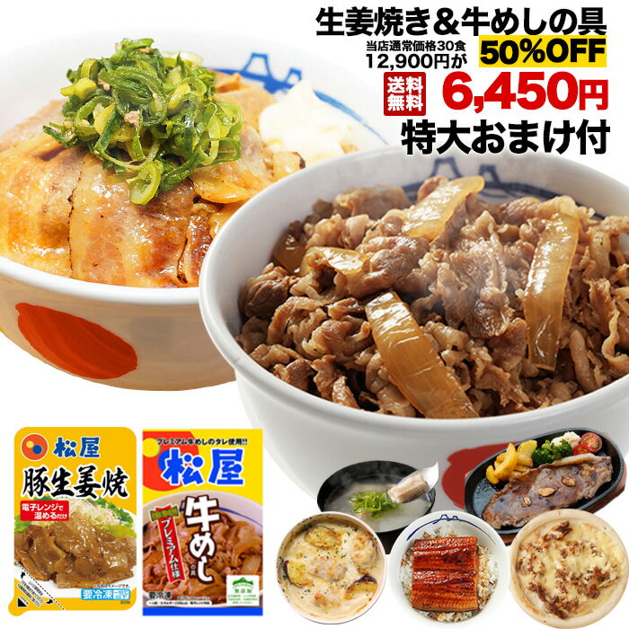 【期間限定12,900円→6,450円】松屋豚生姜焼き＆プレミアム仕様牛めし30食セット（豚生姜焼き60g ×5　プレミアム仕様牛めし×25） お取り寄せ お取り寄せお惣菜 グルメ食品 お試し おためし 時短 受験 肉 牛丼 業務用 送料無料 お弁当 レンジ