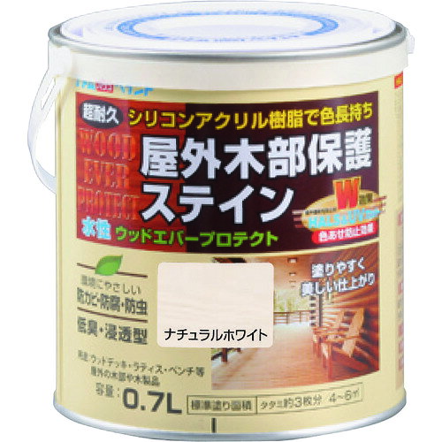 ●シリコンアクリル樹脂にHALS（紫外線劣化防止剤）とUV吸収剤を配合した高性能木部保護塗料です。●水性でありながら色あせに強く、塗り継ぎムラがでにくい塗料です。●防カビ、防虫、防腐効果に優れ、木部を長期間保護します。●塗り替え時でも、しっかりと色が付く半造膜ステインです。●ウッドデッキ、ラティス、木製家具、木製ベンチなどの屋外木部に。●容量(L)：0.7●乾燥時間：約1時間（夏）、約2～3時間（冬）●色：ナチュラルホワイト●塗り重ね可能時間：夏期/約2日、冬期/約4日●指触乾燥時間：夏期/約1、冬期/約2～3●塗り重ね回数：2●塗布面積(［［M2］］)：4～6(畳枚数換算約3枚分)●塗り面積(m2)：4～6（畳枚数換算約3枚）●液性：水性（半造膜タイプ）●希釈剤：不要●合成樹脂（シリコンアクリル）松吉医科器械｜総合カタログ｜医療・介護・ドクター・ナース