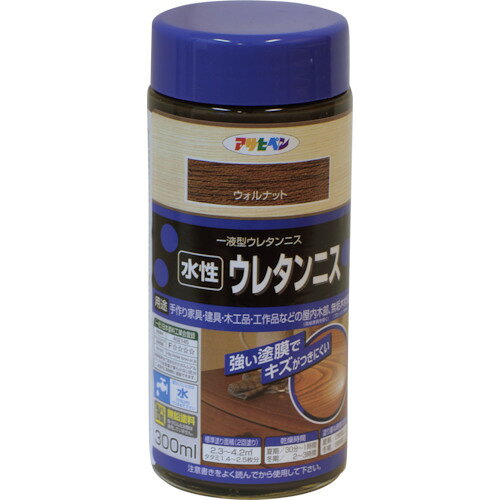 ●着色と美しいツヤだしが同時にでき、木目を生かした高光沢なツヤに仕上がります。●塗膜は肉持ち感が良く、耐久性に優れています。●臭いが少なく、塗りやすい水性タイプです。●建築基準法（F☆☆☆☆）対応塗料です。●家具、建具、木工品、工作品などの屋内木部に。●屋内無垢木材床に（フローリングは除く）。●容量(L)：0.3●乾燥時間：夏期/30～60分・冬期/2～3時間●色：ウォルナット●塗り重ね可能時間：2～6●指触乾燥時間：2～6●塗り重ね回数：2●塗布面積(［［M2］］)：2.3～4.2●水性アクリルウレタン樹脂松吉医科器械｜総合カタログ｜医療・介護・ドクター・ナース