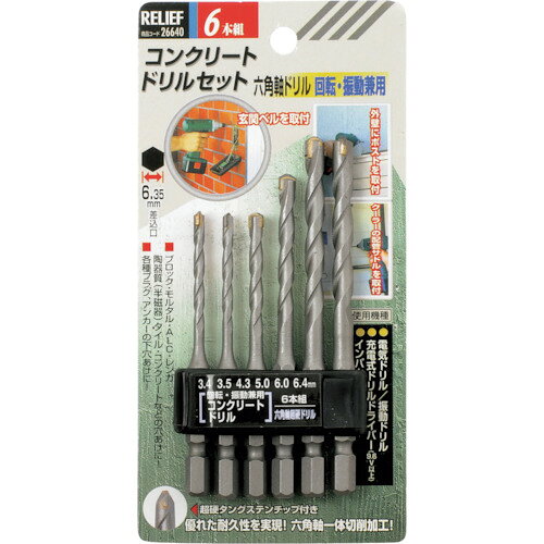 ●優れた耐久性を実現しています。●六角軸一体切削加工です。●ブロック、モルタル、ACL、レンガ、陶磁器、タイル、コンクリートなどの穴あけに。●シャンク形状：六角軸●シャンク径(mm)：6.35●セット内容(mm)：3.4/3.5/4.3/5.0/6.0/6.4●セット入数(本)：6●先端部：超硬タングステンチップ●セット内容：3.4、3.5、4.3、5.0、6.0、6.4mm×各1本松吉医科器械｜総合カタログ｜医療・介護・ドクター・ナース