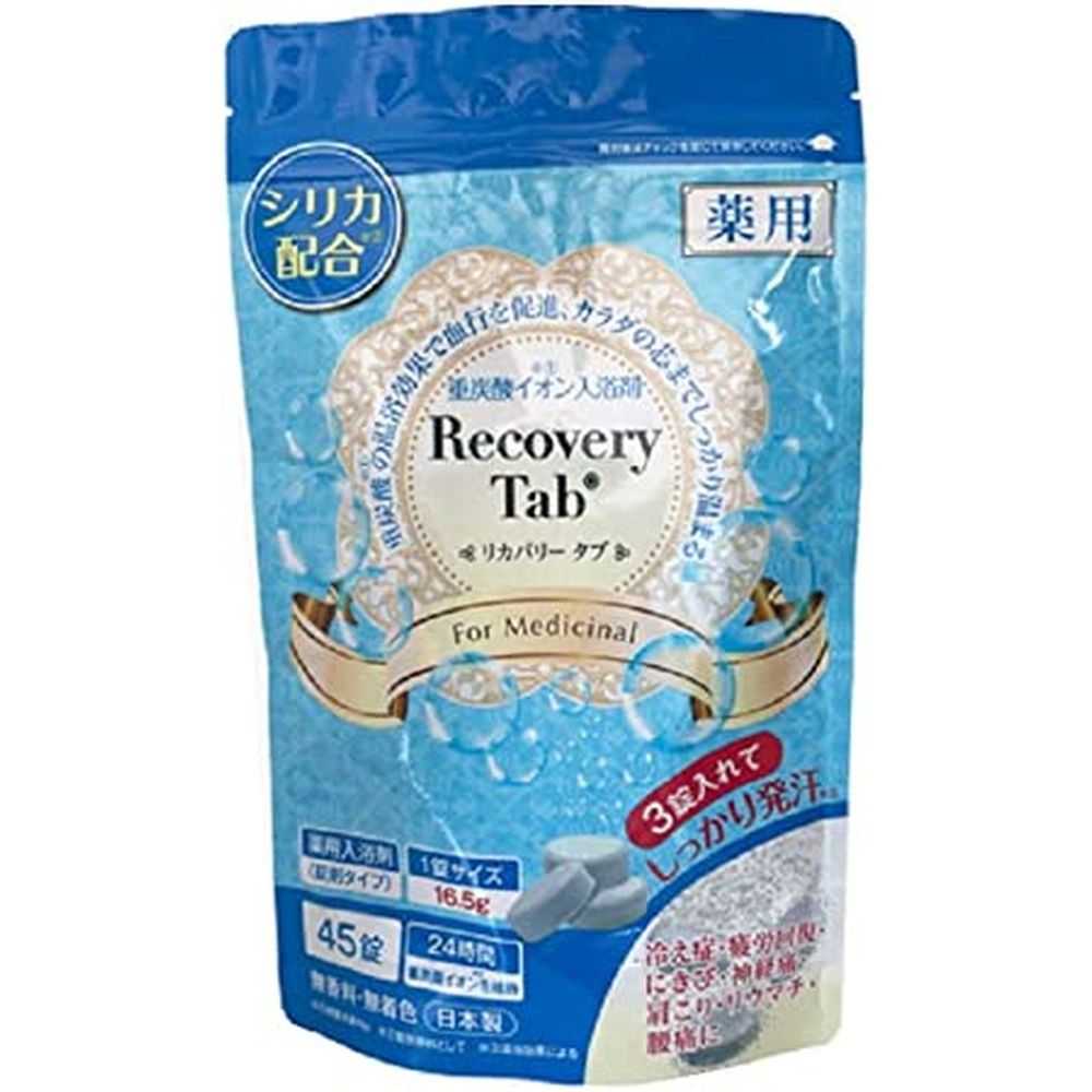●薬用RecoveryTabは、ご自宅で毎日の重炭酸入浴を可能とした製品です。●入浴による温浴効果で血行を促進し、疲労回復、腰痛、肩こり、冷え症などのつらい症状をやわらげます。●効果効能：荒れ性、しっしん、腰痛、神経痛、疲労回復、肩のこり、リウマチ、冷え症、にきび、あせも、しもやけ、打ち身、くじき、ひび、あかぎれ、産前産後の冷え症、痔■中性で発泡することでお湯に溶け込んだ重炭酸イオンは、水中に24時間以上留まり効果を発揮します。●美容を意識した成分としてシリカを配合。●なめからなお湯が特徴です。●薬用RecoveryTabは、医薬部外品入浴剤です。●有効成分を80%以上配合しました。●日本国内工場で生産し、無香料・無着色・パラベンフリーと、お肌へのやさしさにもこだわった製品です。●使用方法■160〜180Lのお湯に3錠を溶かしてご使用ください。●ゆっくりと15〜20分を目安に入浴します。●入浴剤を溶かしたお湯は、洗髪にもご使用いただけます。●また、マッサージをしながらの入浴も、よりリラックスできてオススメです。●入浴以外にも、シャワー、足湯、洗顔、ペットケアにもご使用いただけます。●※シャワーでご使用の場合は、専用シャワー製品をご使用ください。●成分とサイズ有効成分：炭酸水素Na、炭酸Naその他成分：クエン酸、DL-リンゴ酸他4成分1錠：直径30mmx厚さ13mm・1錠の重さ16.5g原産国日本製造販売元紀陽除虫菊株式会社発売元株式会社サニーライフジャパン使用上の注意■保管上の注意・アルミ袋開封後は毎回しっかりと袋のチャックを閉め、湿気を避けて保管ください。●乳幼児の手の届かないところに保管してください。●高温多湿や直射日光の当たる場所には保管しないでください。●使用上の注意・皮膚あるいは体質に異常のある場合は医師に相談してご使用ください。●使用中や使用後、皮膚に発疹、発赤、かゆみ、刺激等の異常が現れた場合は使用を中止し、皮膚科専門医にご相談ください。●本品は食べられません。●万一大量に飲み込んだときは、水を飲ませる等の処置を行ってから医師にご相談ください。●製品の特性上、割れや欠けがある場合がございますが、品質に影響はありません。●本品と他の入浴剤や、風呂水清浄剤等との併用はお避け下さい。●本品には、浴槽を痛めるイオウは入っていません。●全自動給湯器、24時間風呂には使用できない機種があります。●お使いの機種の説明書を確認の上、ご使用ください。●本品使用後は風呂釜内部、循環孔フィルターを清水でよくすすいでください。●残り湯は洗濯にもお使いいただけますが、すすぎは清水で行ってください。●ただし柔軟仕上剤との併用、おろしたての衣料、つけおき等には使用しないでください。●残り湯には無機塩類が多く含まれていますので、植物の水やりに使用しないでください。松吉医科器械｜総合カタログ｜医療・介護・ドクター・ナース
