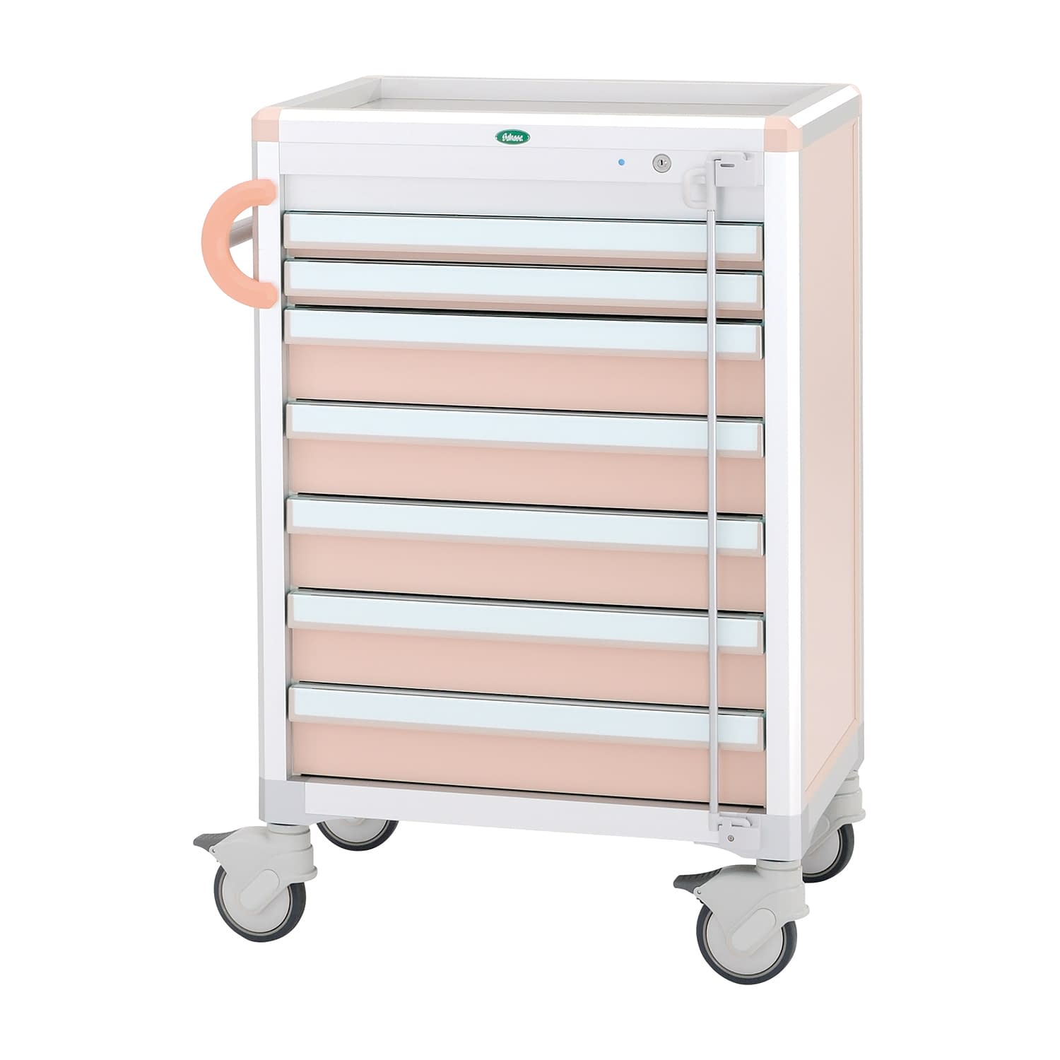 麻酔薬をはじめ、適正な薬剤の保管と搬送に適しています。封印具（別売）と鍵で盗難や無断使用を防止。カラー：ピーチ（本体） 製品サイズ：W752×D558×H1058mm キャスターサイズ：125mm キャスター仕様：前輪ストッパー付 材質：フ...