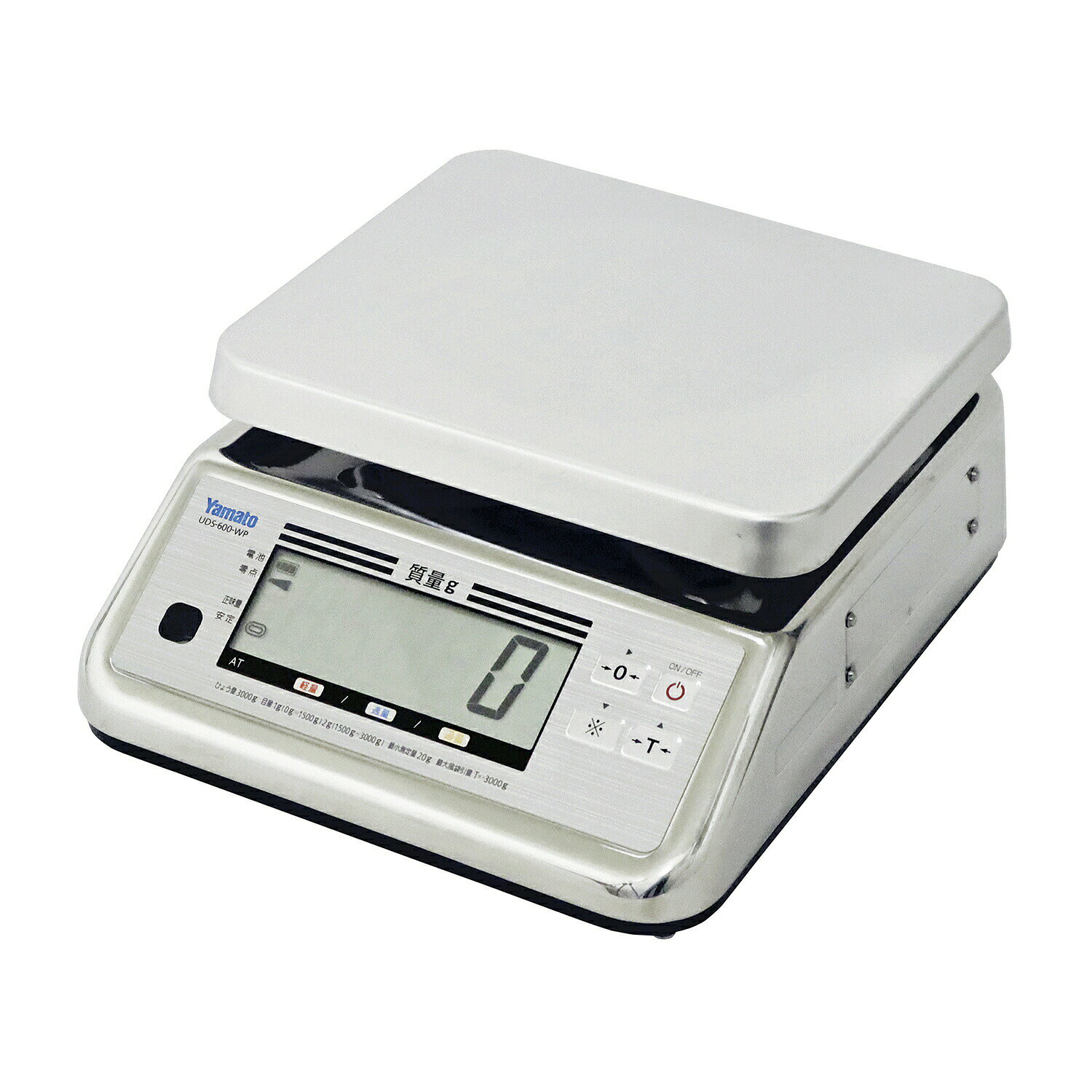 ●防塵・防水等級IP68・見やすい大型液晶表示・計量スピード0.6秒以下●製品サイズ：W242×D292×H126mm●載皿寸法：W232×D202mm●重量：3,7kg●ひょう量：3000g●目量：0〜1500g 1g/1500g〜3000g 2g●電源の種類：単1乾電池×4コ（付属）、ACアダプタ（別売）松吉医科器械｜総合カタログ｜医療・介護・ドクター・ナース