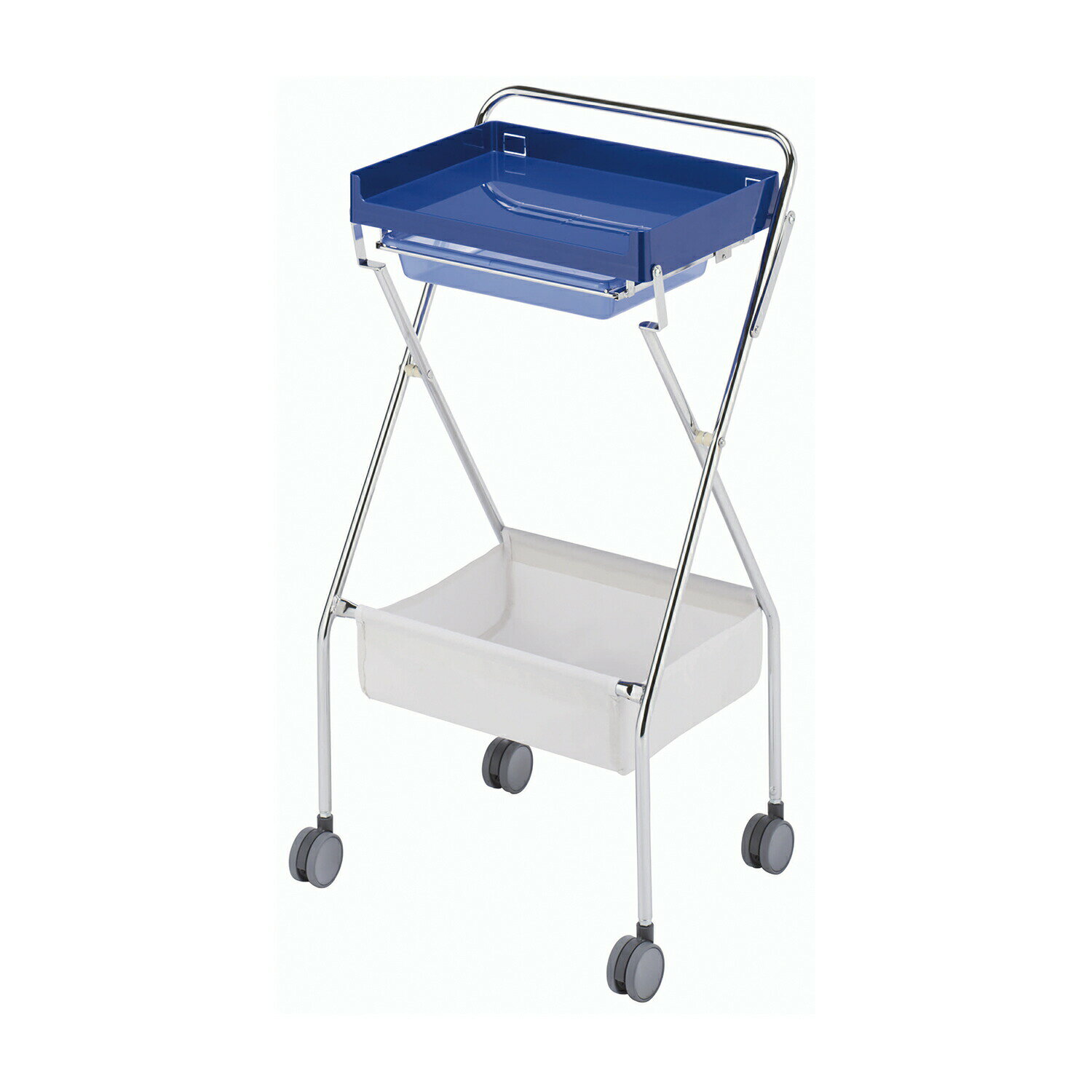 ●PCも設置可能な折りたたみ式ワゴンです。●折りたたみ時は自立スタンディングしますので、キレイに収納できます。引き出し式パット1段、下段布製収納ケース付き。●キャスターは動きがスムーズなφ60?双輪キャスター使用。（実用新案特許製品）●カラ...