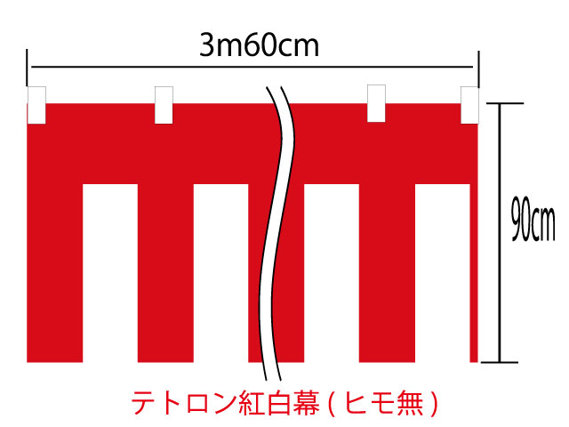 メール便は対応していません。 レターパックは1個まで対応します。 素材：テトロン100％(テトロンポンジ) 　＊チチ(ヒモ通し)はアクリル製です 高さ：90cm 巾　：360cm(2間) ＊顔料染 ＊仕立てあり ＊紅白ヒモは付属しません紅白幕 テトロン 高さ90cm×巾2間(360cm) 仕立て有・ヒモなし 国内自社工場製のプリント紅白幕です。 自社工場製ならではのお値打ち価格になっております！ 比較的よく使われるサイズを仕立て付商品としてご用意いたしました。 こちらの商品は、仕立て済・本体のみ(ヒモ無し)の商品となります。 紐が必要ない、紅白幕のみを購入したい方にお勧めです。 仕立ても必要ないというお客様には、m切り売り紅白幕もお勧めです。 ＊素材は、薄手のテトロン（テトロンポンジ）となっております。 ＊紅白ヒモは、付属しません。 ＜紅白幕サイズ表記について＞ ＊紅白幕のサイズ表記には、チチの高さは含みません。 ＊チチの高さは、約3cm程度となっております。 ＊ロットにより、表示サイズと若干の誤差がある場合がございます。 ＜配送に関して＞ こちらの商品は、メール便不可商品です。 1個までレターパック対応します。 対応できない配送方法をお選びの場合、お店側で配送方法の修正を行います。 それに伴って送料が高くなることがあります。ご了承ください。 他のサイズを見たいかたは下のバナーをクリックしてください。 木綿紅白幕、m切り売り、紅白ヒモ単品もご用意しております。 それぞれ以下のバナーより商品をご確認いただけます。