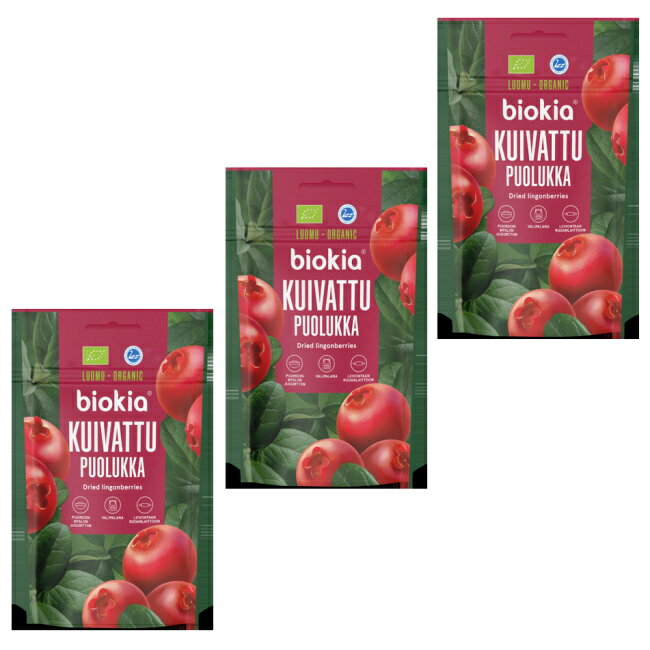 原材料名：有機リンゴンベリー（フィンランド産）、有機甘蔗糖、有機ヒマワリ油 保存方法：直射日光を避け、乾燥した冷暗所で保管して下さい。 原産国名：フィンランド 栄養成分表示（1袋50gあたり） エネルギー：141.5kcal　 タンパク質：1.4g 脂質：1.4g　 炭水化物：27.5g 食塩相当量:0g【オーガニックドライリンゴンベリー (50g)】 フィンランドのオーガニックフードのひとつ、森で自生したリンゴンベリー （こけもも）は様々な効果があり、良好な味と健康への利点から長年健康ベリー として食されてきました。食物繊維・プロアントシアニジン・アルプチンが 豊富に含まれています。また、赤ぶどうとほぼ同量のレスベラトロールを含んでいます。 シミに効く効果や血糖値とコレステロール値を下げてくれる効果が期待できます。 biokia（ビオキア）は、ピュア、ヘルシー、フェアーをミッションに、手作業により厳選された厳しい品質管理のもと多種多様なベリー製品の開発に取り組んでいます。 また環境保護の活動にも力をいれております。 北極圏で自生しているので厳しい気温差、収穫時期前までには白夜の紫外線から実を守るため、 通常のベリーよりも栄養価が高く、北欧では「Arcticスーパーフード」と呼ばれています。 ワイルドフードのベリーは、新鮮でクリーンな北極圏近くの深い森の中で人の手を借りずに育つ地球に やさしいベリー製品を食卓へご提供致します。