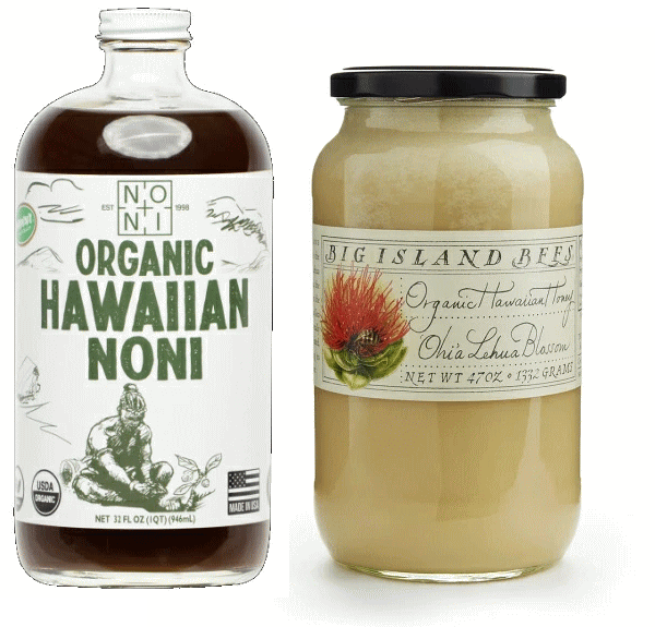 生蜂蜜 69歳現役ゴルフインストラクターの朝習慣【オーガニックノニジュース946ml＆オーガニックオヒアレフアハニー1330g 】 フルーツファームで自然栽培されたハワイアンノニジュース＆ハワイ固有の花から採取した生蜂蜜をお届けします。