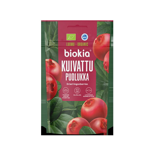 原材料名：有機リンゴンベリー（フィンランド産）、有機甘蔗糖、有機ヒマワリ油 保存方法：直射日光を避け、乾燥した冷暗所で保管して下さい。 原産国名：フィンランド 栄養成分表示（1袋50gあたり） エネルギー：141.5kcal　 タンパク質：1.4g 脂質：1.4g　 炭水化物：27.5g 食塩相当量:0g【オーガニックドライリンゴンベリー (50g)】 フィンランドのオーガニックフードのひとつ、森で自生したリンゴンベリー （こけもも）は様々な効果があり、良好な味と健康への利点から長年健康ベリー として食されてきました。食物繊維・プロアントシアニジン・アルプチンが 豊富に含まれています。また、赤ぶどうとほぼ同量のレスベラトロールを含んでいます。 シミに効く効果や血糖値とコレステロール値を下げてくれる効果が期待できます。 biokia（ビオキア）は、ピュア、ヘルシー、フェアーをミッションに、手作業により厳選された厳しい品質管理のもと多種多様なベリー製品の開発に取り組んでいます。 また環境保護の活動にも力をいれております。 北極圏で自生しているので厳しい気温差、収穫時期前までには白夜の紫外線から実を守るため、 通常のベリーよりも栄養価が高く、北欧では「Arcticスーパーフード」と呼ばれています。 ワイルドフードのベリーは、新鮮でクリーンな北極圏近くの深い森の中で人の手を借りずに育つ地球に やさしいベリー製品を食卓へご提供致します。