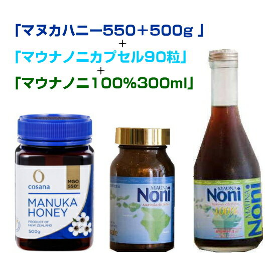 マヌカハニー 生蜂蜜 天然の成物（MGO550)をたっぷり含んでいるマヌカハニー＆全米製法特許 ノニ果肉を乾燥粉末に成分濃縮パワー お出かけに持ち運びに便利なカプセルタイプ「マヌカハニーMGO550 500g」 1本＆「ノニカプセル90粒」1個＆「ノニ100％300ml」