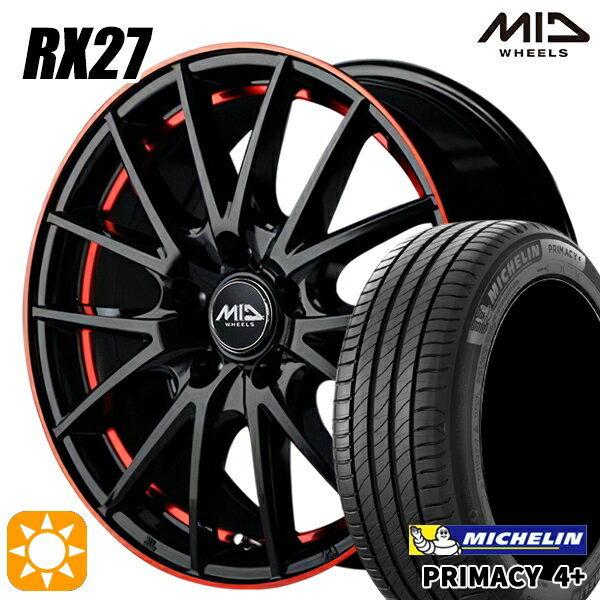 【取付対象】リーフ レヴォーグ 215/50R17 95W XL ミシュラン プライマシー4プラス MID シュナイダー RX27 ブラック/リム＆アンダーカットポリッシュ＋レッドクリア 17インチ 7.0J 5H114.3 サマータイヤホイールセット