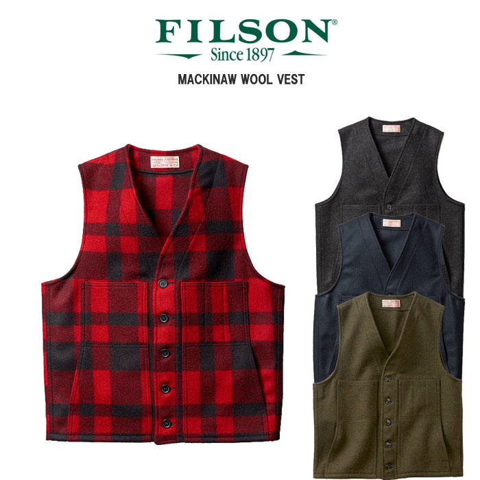 【スーパーSALE限定 10%OFF】FILSON マッキーノウールベスト ベスト ウールベスト フィルソン Mackinaw Wool Vest ワークベスト メンズ ウール ALASKA FIT 秋 冬 秋冬 チェック柄 無地 レッド グリーン ネイビー グレー チャコール ジレ 作業着 作業服 アメリカ製