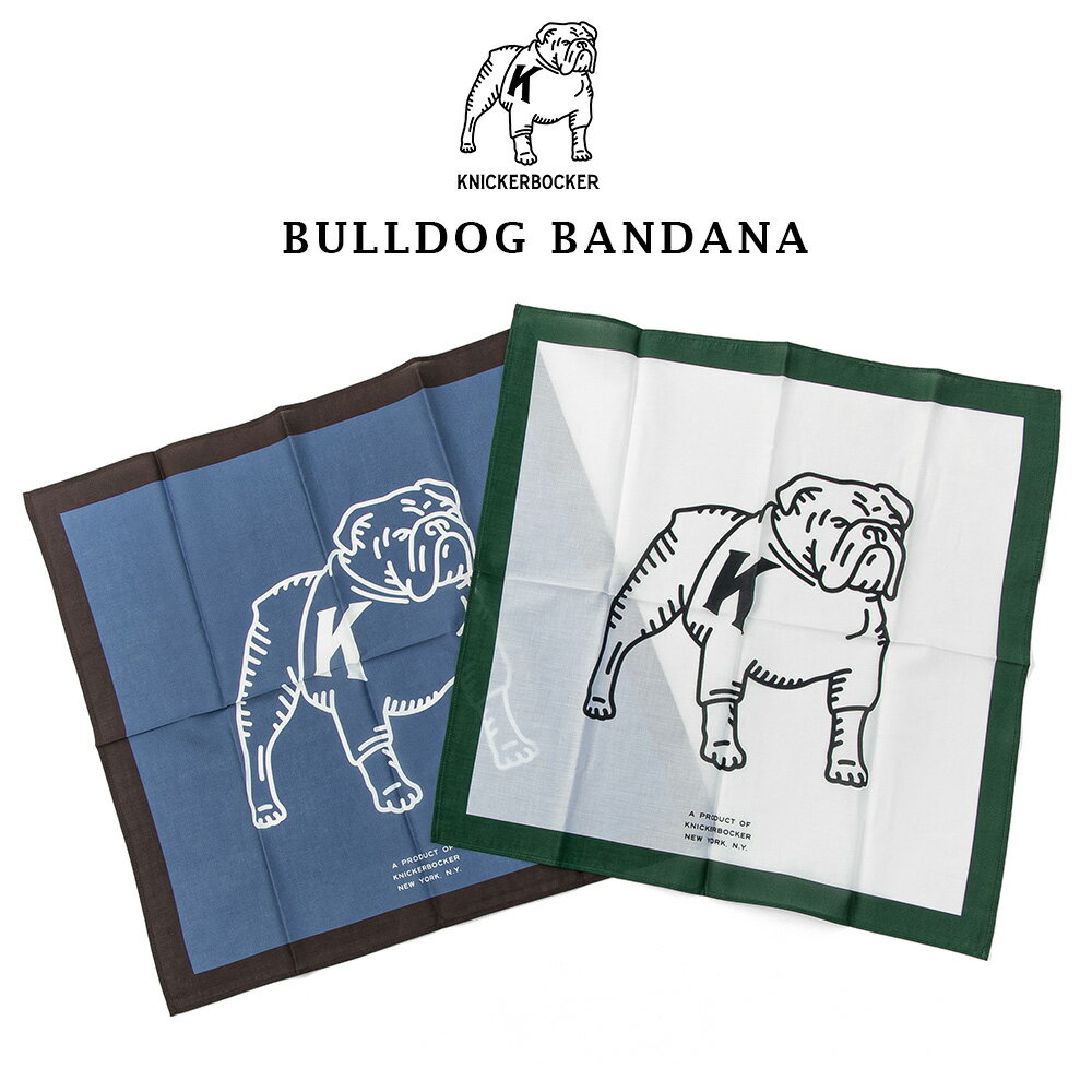 Product info KNICKERBOCKER (ニッカーボッカー) Bulldog Bandana #BULLニューヨーク・ブルックリンで創業したKNICKERBOCKER（ニッカーボッカー）。デザイナーはAndrew Livingston氏。1940年代から60年代までの古き良き時代のアメリカが誇るワークウェアー・ミリタリーウェアー・スポーツウェアーをオージュしながらも、現代のスタイルにマッチするデザインやパターンが魅力です。素材感はもちろんタグやボタンといった細部まで当時の雰囲気や時代背景・空気感を感じさせてくれる希有な新鋭ブランドです。 サイズ(cm)縦幅横幅ONE SIZE52.052.0 ブランド名 KNICKERBOCKER (ニッカーボッカー) 品名Bulldog Bandana #BULL 生産国Portugal 素材Cotton100% Attention-注意事項- ※撮影時の照明等の影響やご覧になるモニターなどの環境によって、実物とは色合い等が異なって見える場合があります。予めご了承下さい。 (西田：身長168cm体重50kg胸囲80cm首回り35cm)コットン100％の優しい肌触りのバンダナです。KNICKERBOCKER (ニッカーボッカー)のアイコン ブルドックの愛らしい表情が魅力のバンダナ。贈り物に最適なバンダナです。KNICKERBOCKER Bulldog BandanaKNICKERBOCKER (ニッカーボッカー)のブランドアイコンとなっているブルドックを大胆にプリントした大判のバンダナです。首に巻いたりハンカチ替わりにしたり額装したり。いろいろな用途がお楽しみ頂けるバンダナです。