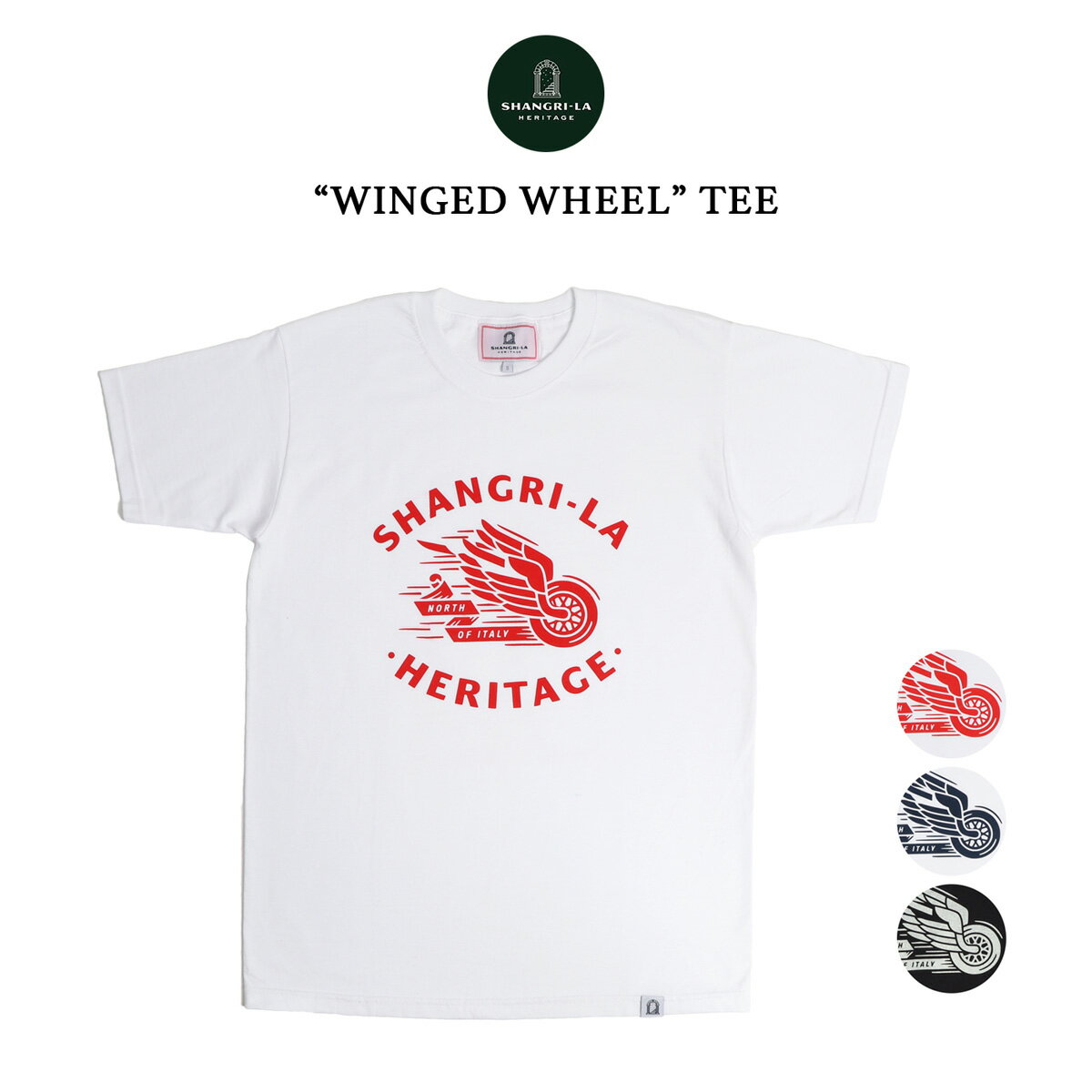 在庫限り SHANGRI-LA HERITAGE シャングリラ ヘリテージ ”winged wheel”半袖プリントTシャツ全3色 MADE IN ITALY